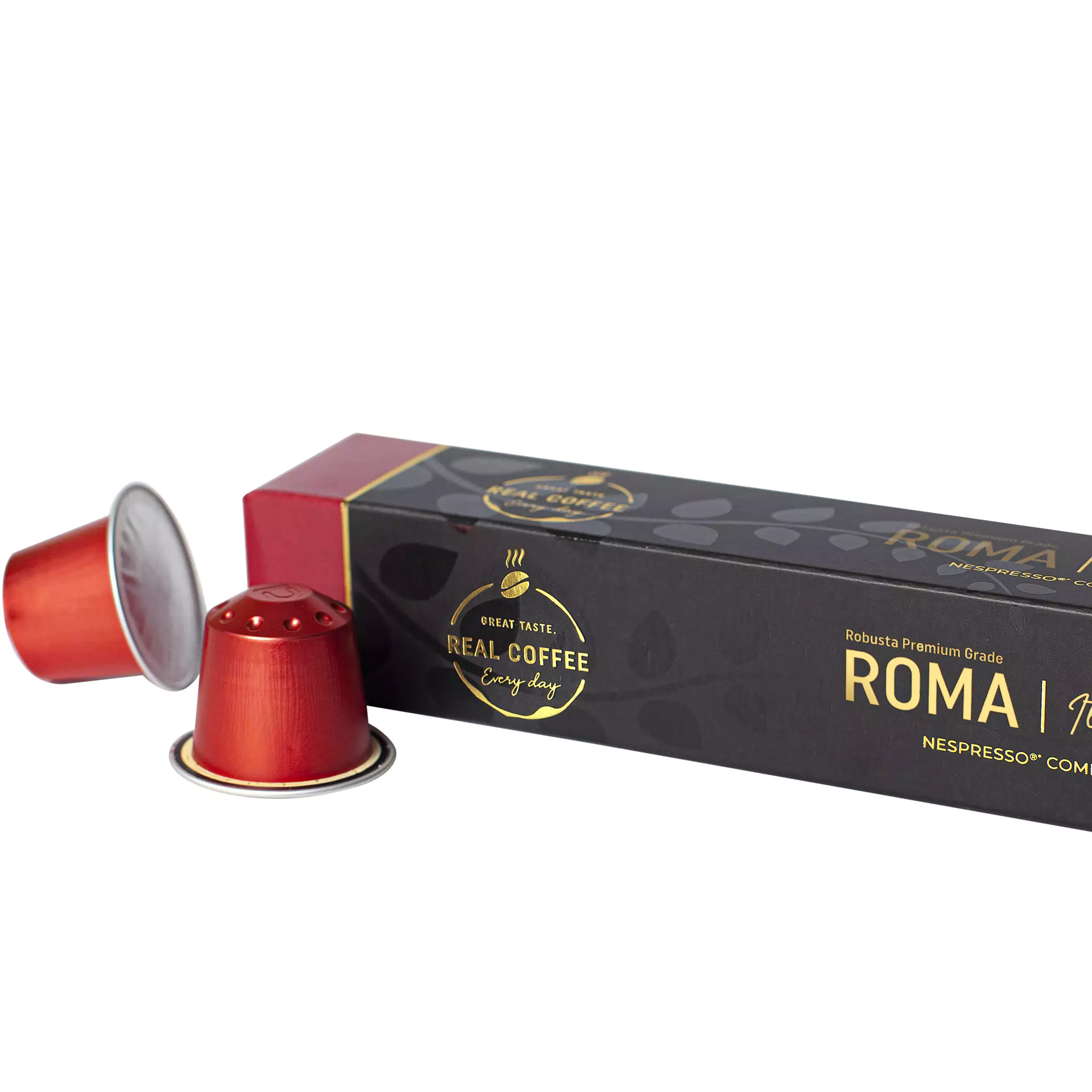 Roma Strong Italian Espresso | Pack of 5 - 50 Aluminum Capsules | 30% Arabica – 70% Robusta | Extra Dark and Intense Italian Flavor | Nespresso Compatible | Eco-Friendly & Fairtrade Coffee