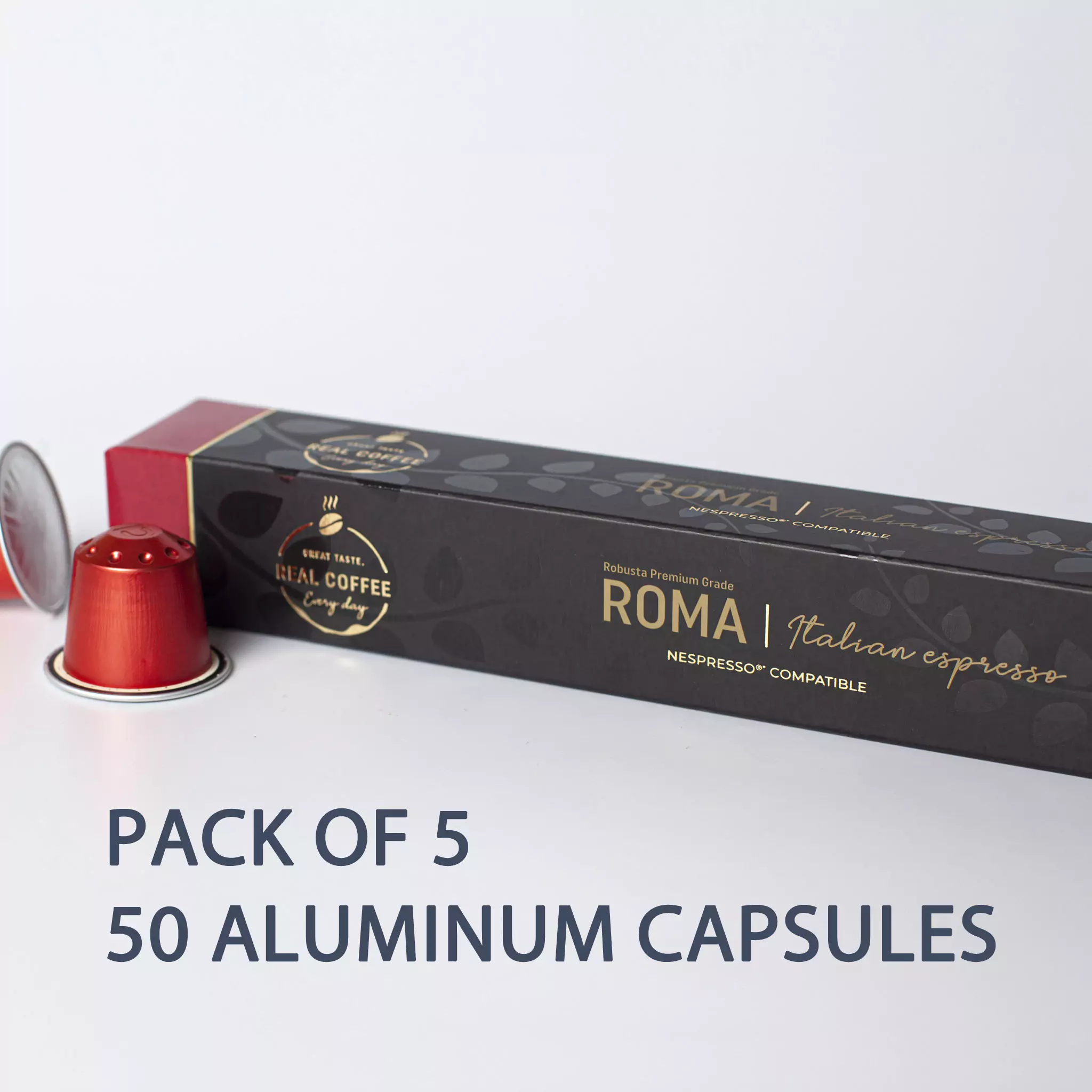 Roma Strong Italian Espresso | Pack of 5 - 50 Aluminum Capsules | 30% Arabica – 70% Robusta | Extra Dark and Intense Italian Flavor | Nespresso Compatible | Eco-Friendly & Fairtrade Coffee