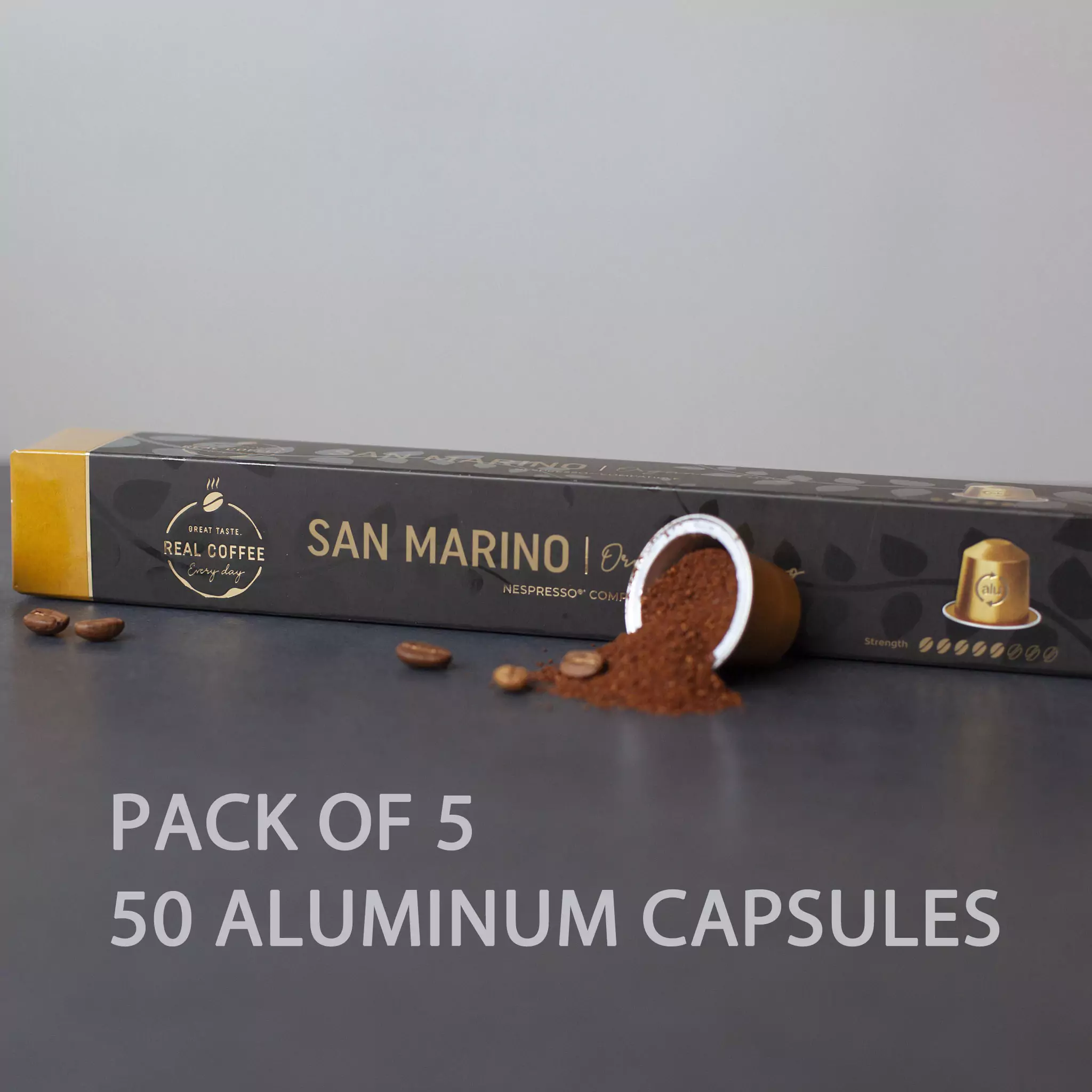 ‘San Marino’ Organic Italian Lungo | Pack of 5 - 50 Aluminum Capsules | 100% Arabica | Medium Roast | Nespresso Compatible | Eco-Friendly & Fairtrade Coffee
