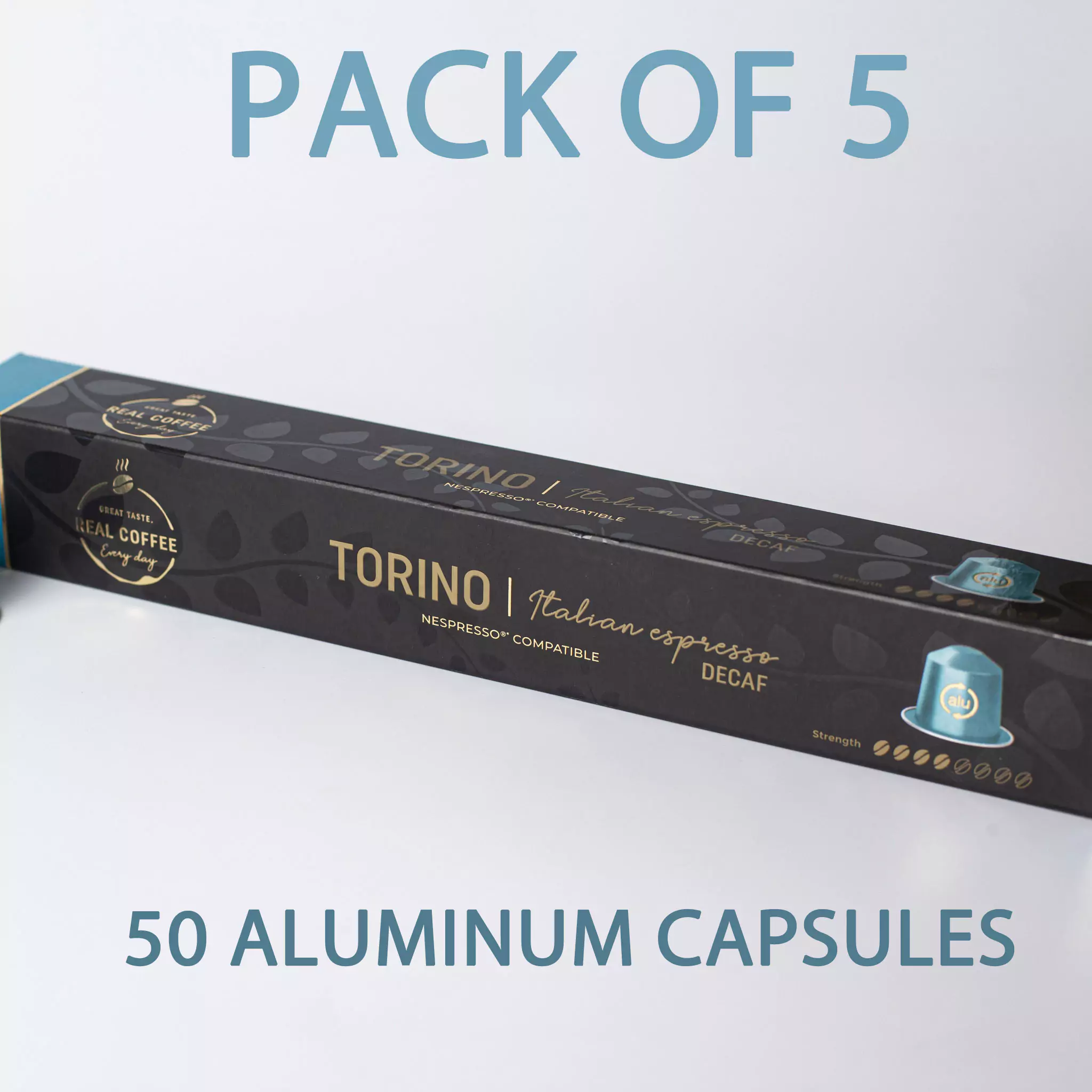 ‘Torino’ Decaf Italian Espresso | Pack of 5 - 50 Aluminum Capsules | 100% Arabica | Bold Italian Flavor With No Buzz | Nespresso Compatible | Eco-Friendly & Fairtrade Coffee