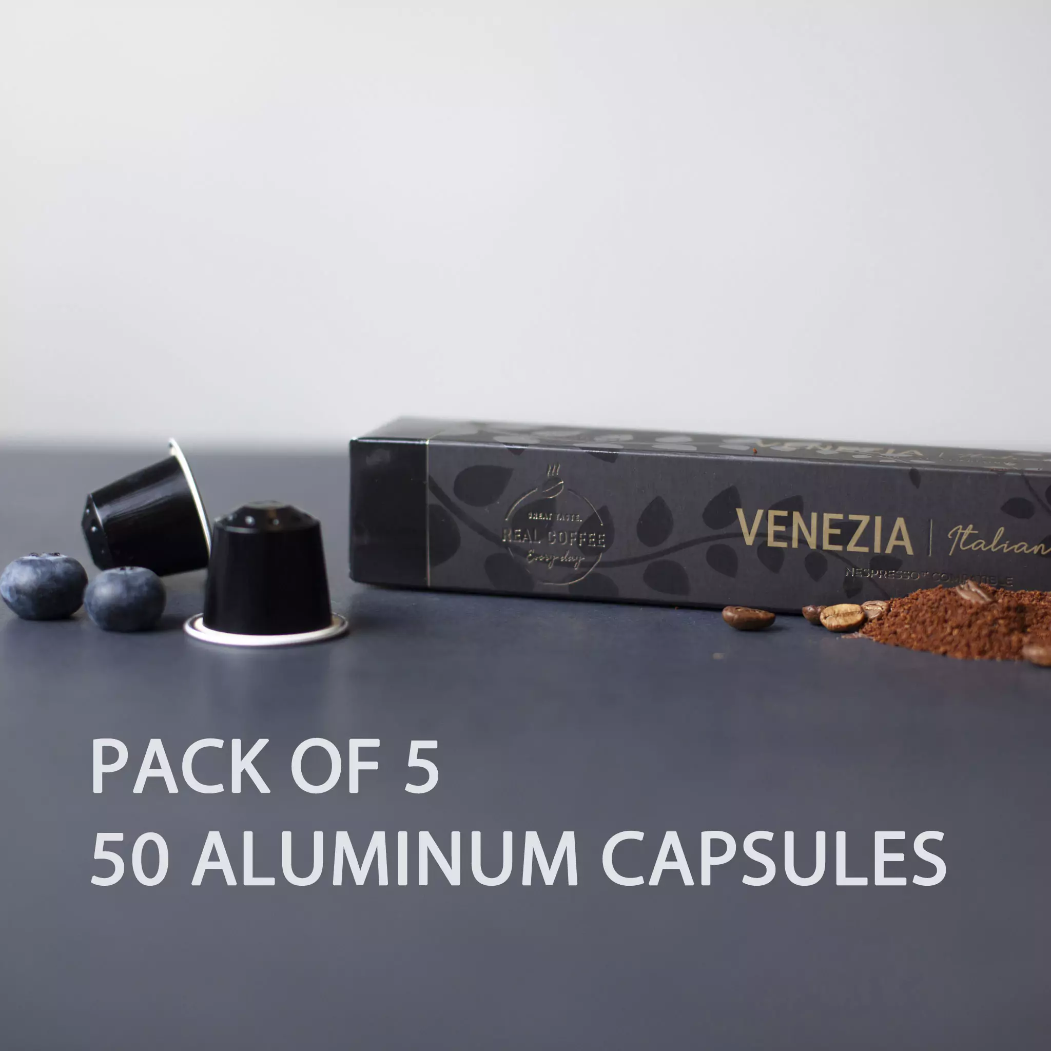 Venezia Espresso Coffee Capsules | Pack of 5 - 50 Aluminum Capsules | 80% Arabica 20% Robusta | Nespresso Compatible | Eco-Friendly & Fairtrade Coffee