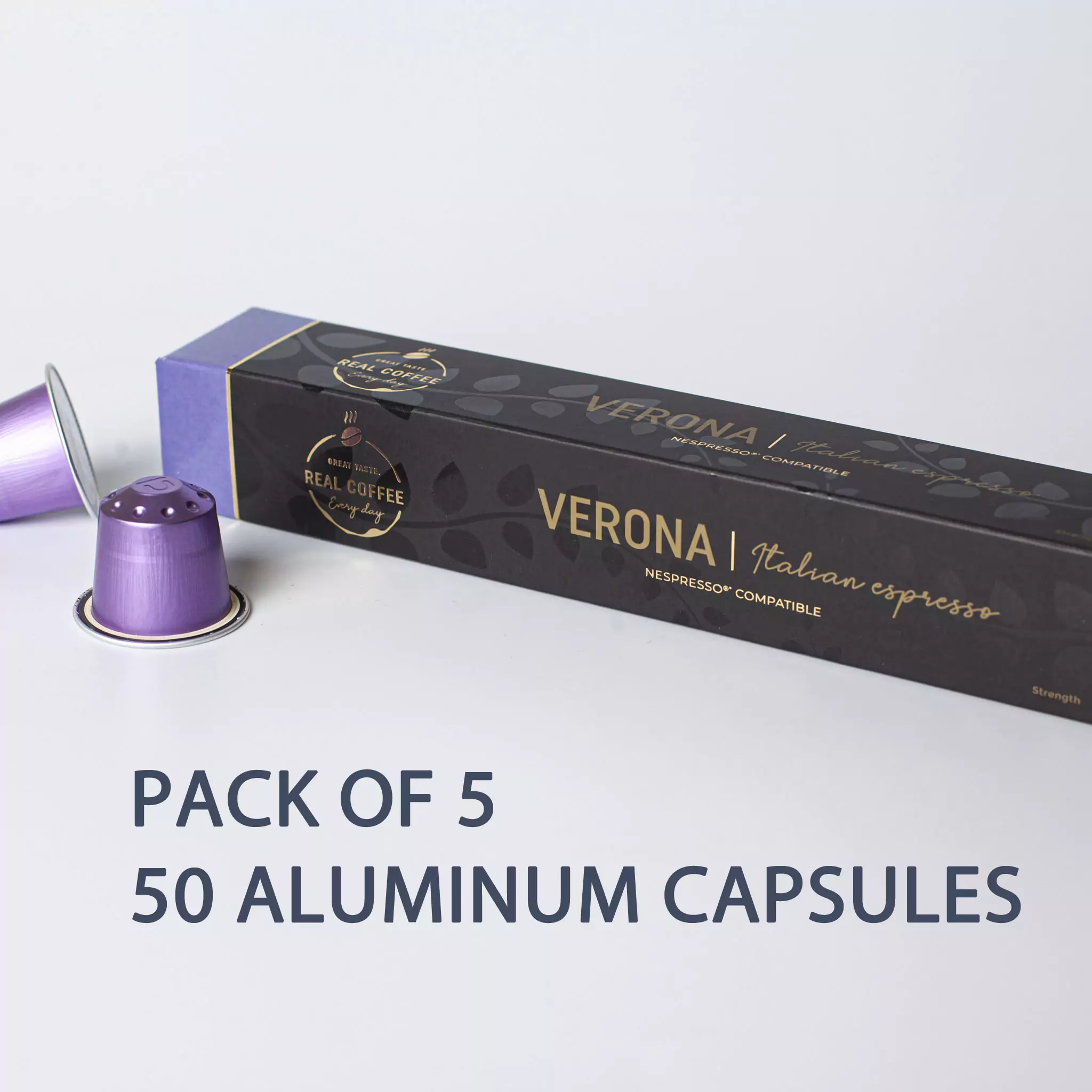 Verona Espresso Coffee Capsules | Pack of 5 - 50 Aluminum Capsules | 100% Arabica | Nespresso Compatible | Eco-Friendly & Fairtrade Coffee