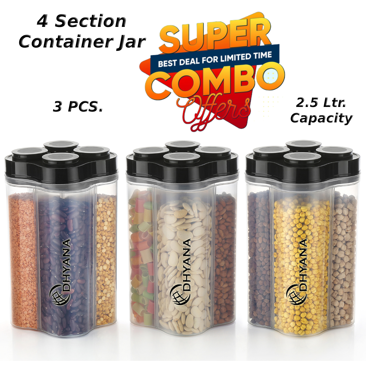 4 Section Container / Unbreakable & Airtight Plastic Kitchen Storage