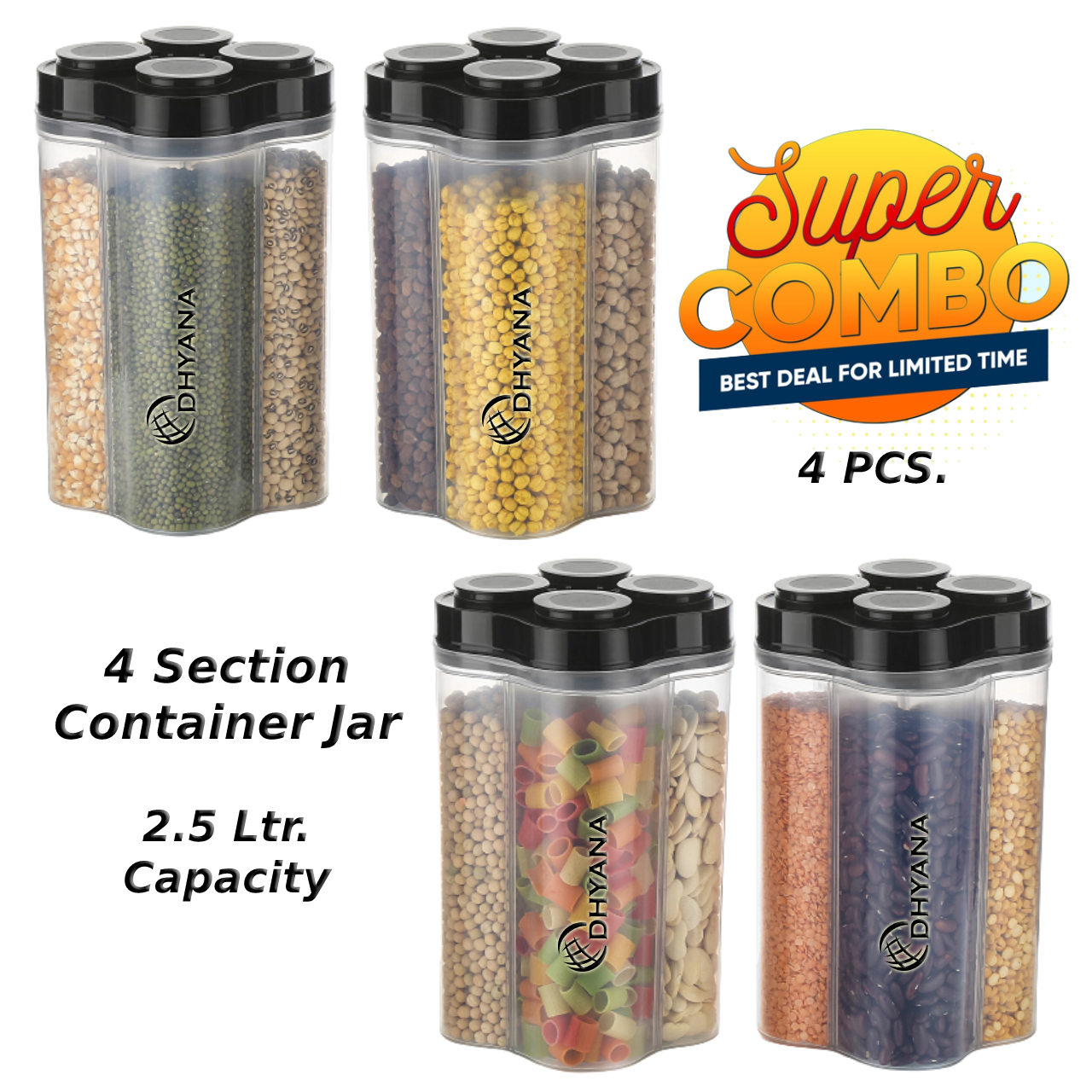 4 Section Container / Unbreakable & Airtight Plastic Kitchen Storage