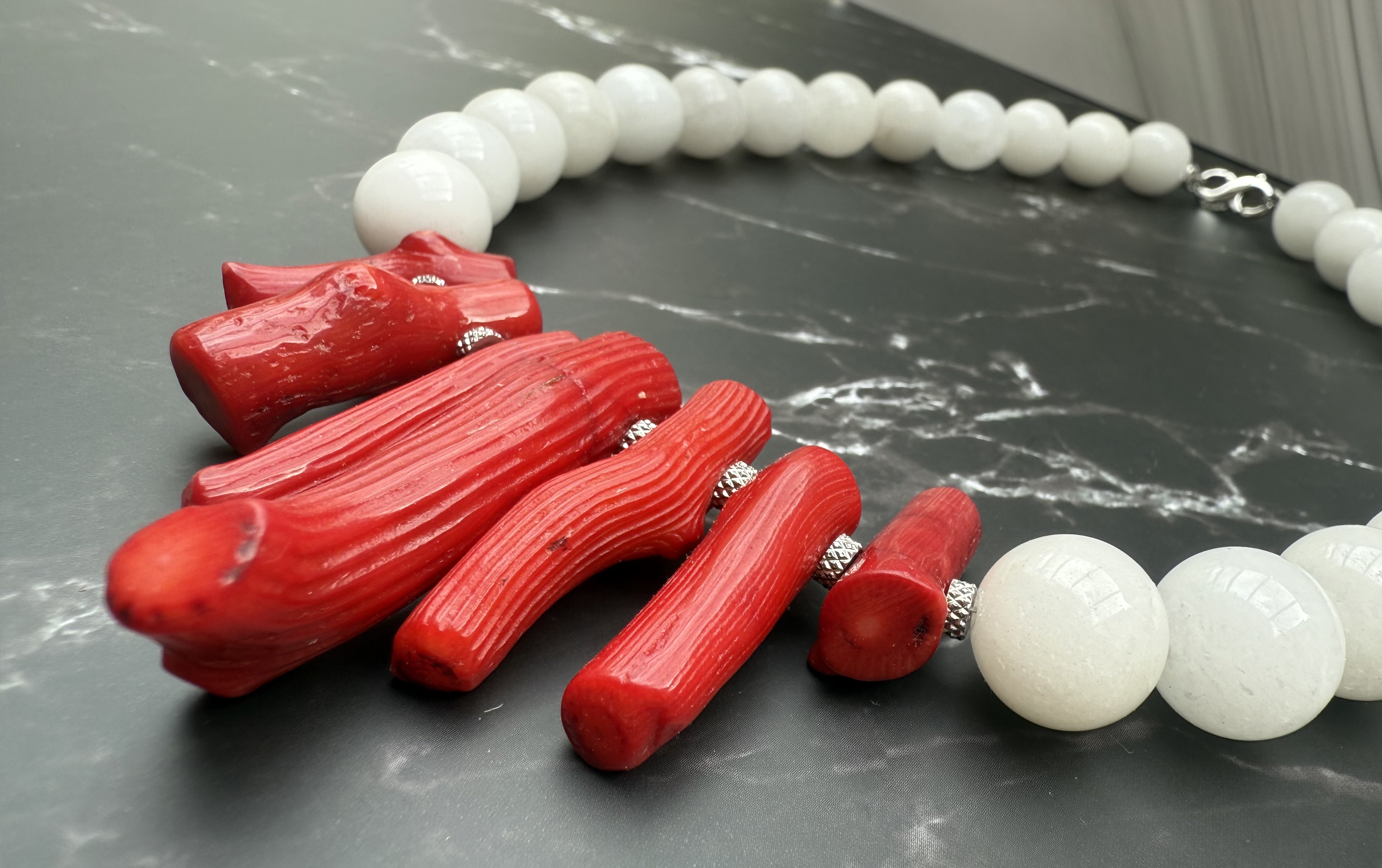 Red Coral and White Chalcedony Necklace