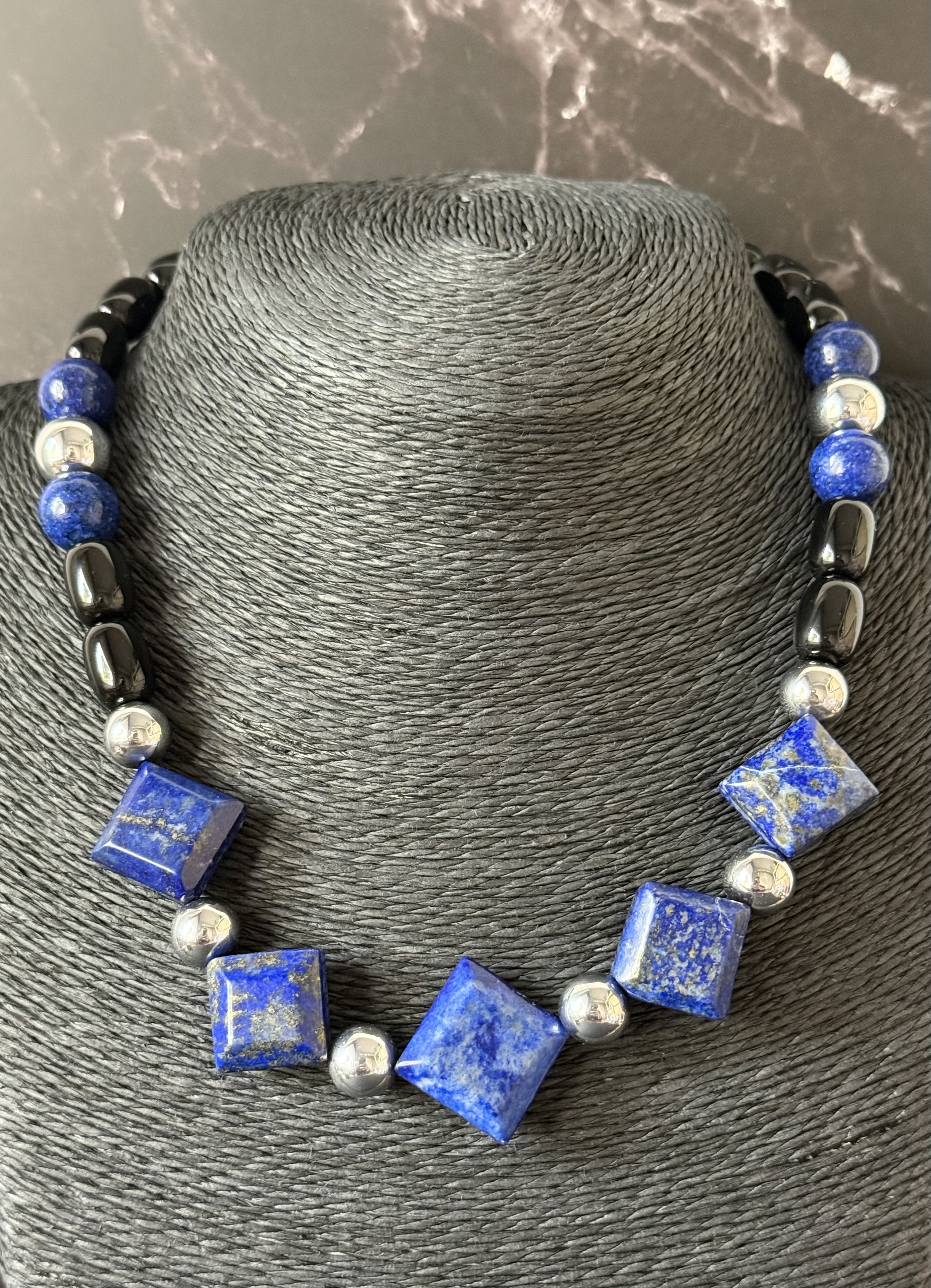 Blue Geometric Beaded Necklace