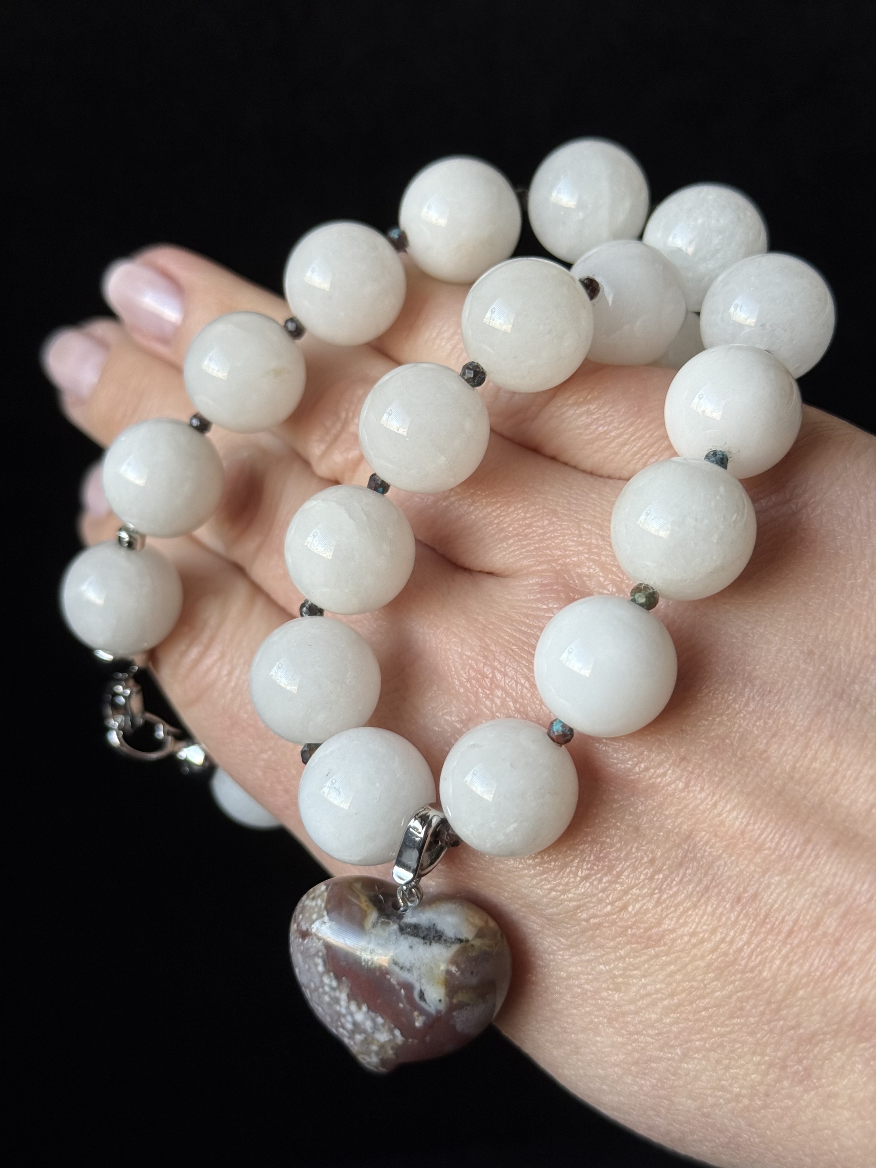 White Chalcedony Necklace with Heart Pendant