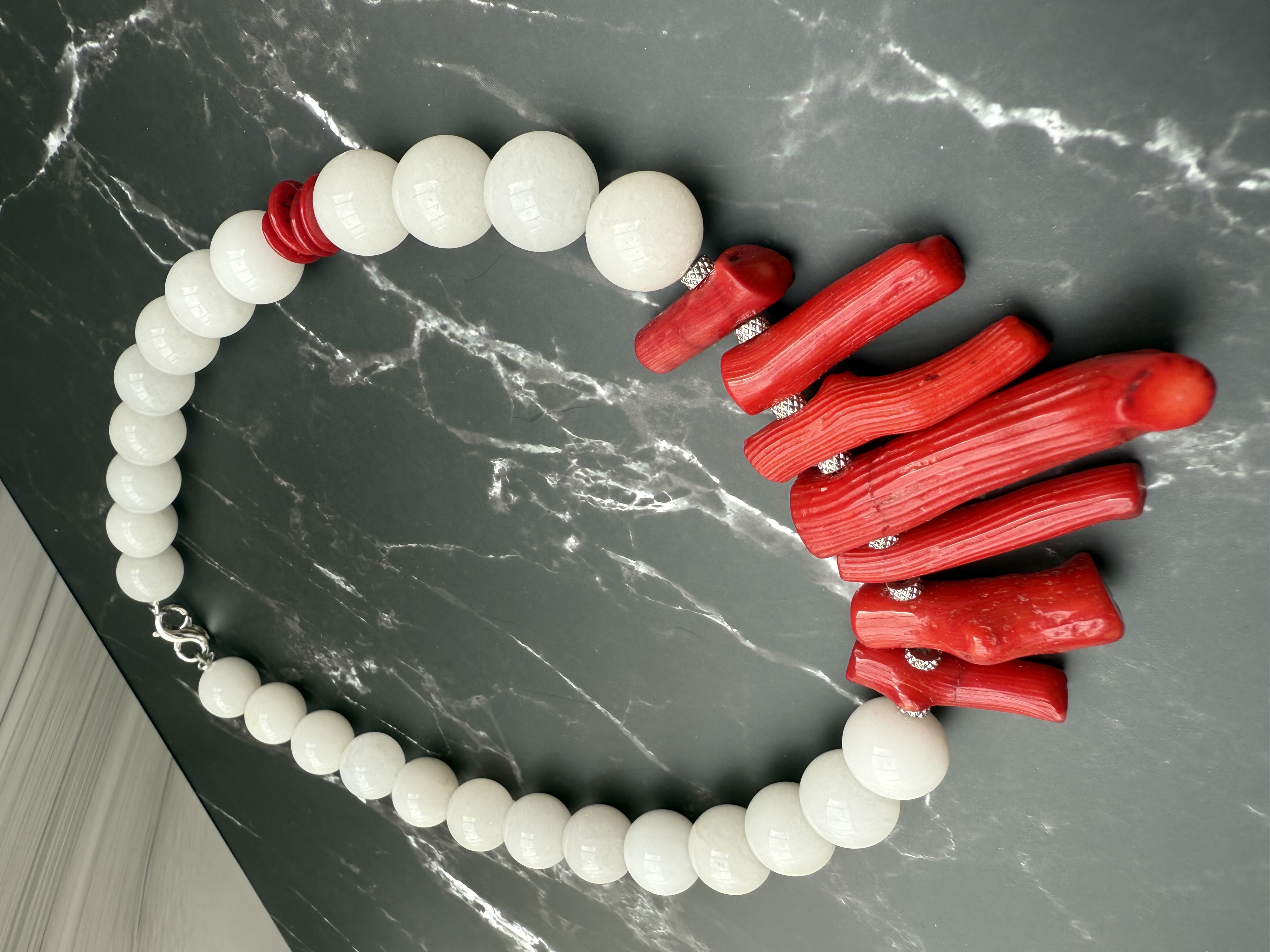 Red Coral and White Chalcedony Necklace