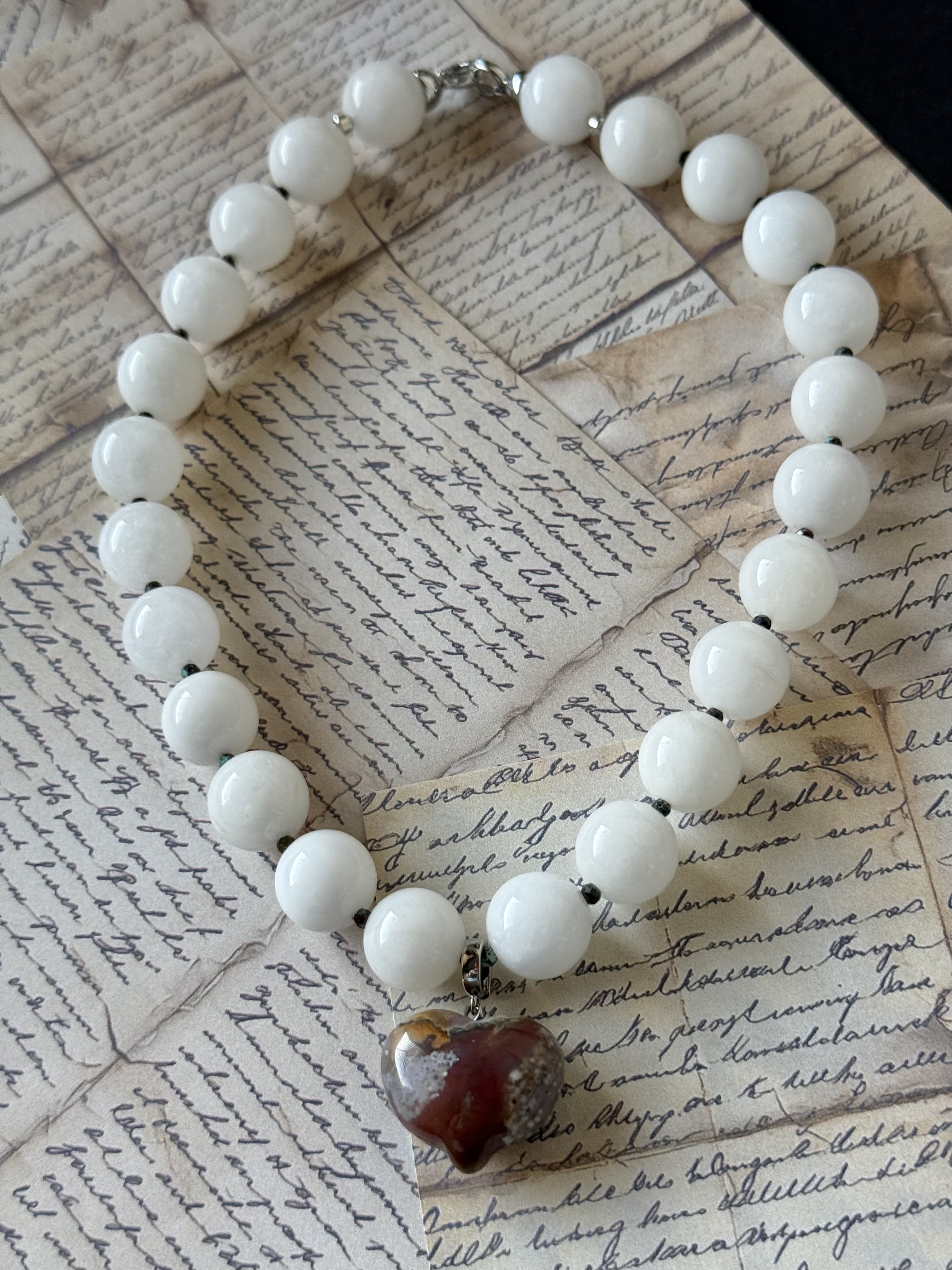 White Chalcedony Necklace with Heart Pendant