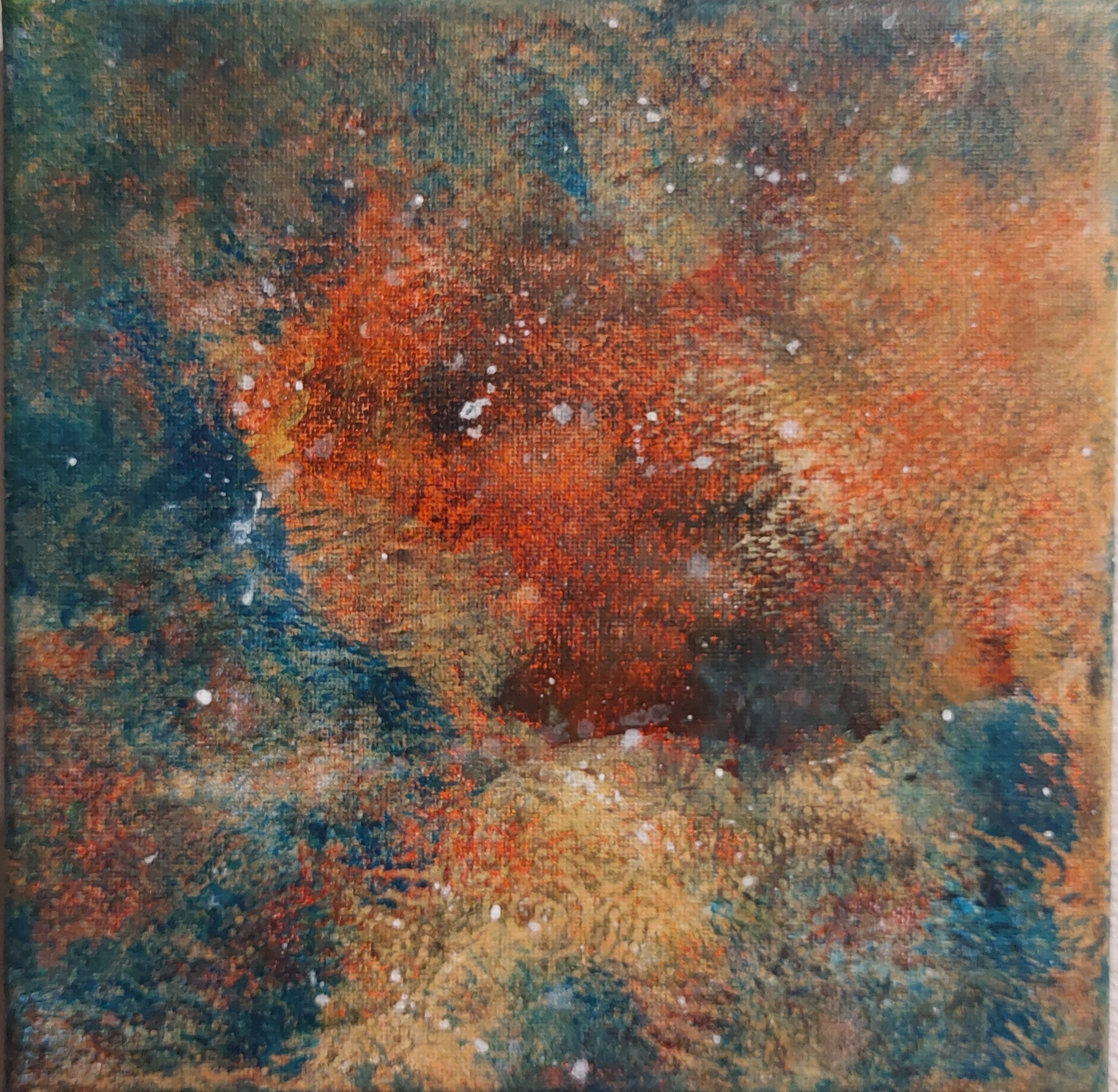 Green, Orange Multicolor Nebula Painting on Canvas 8x8 inches 
