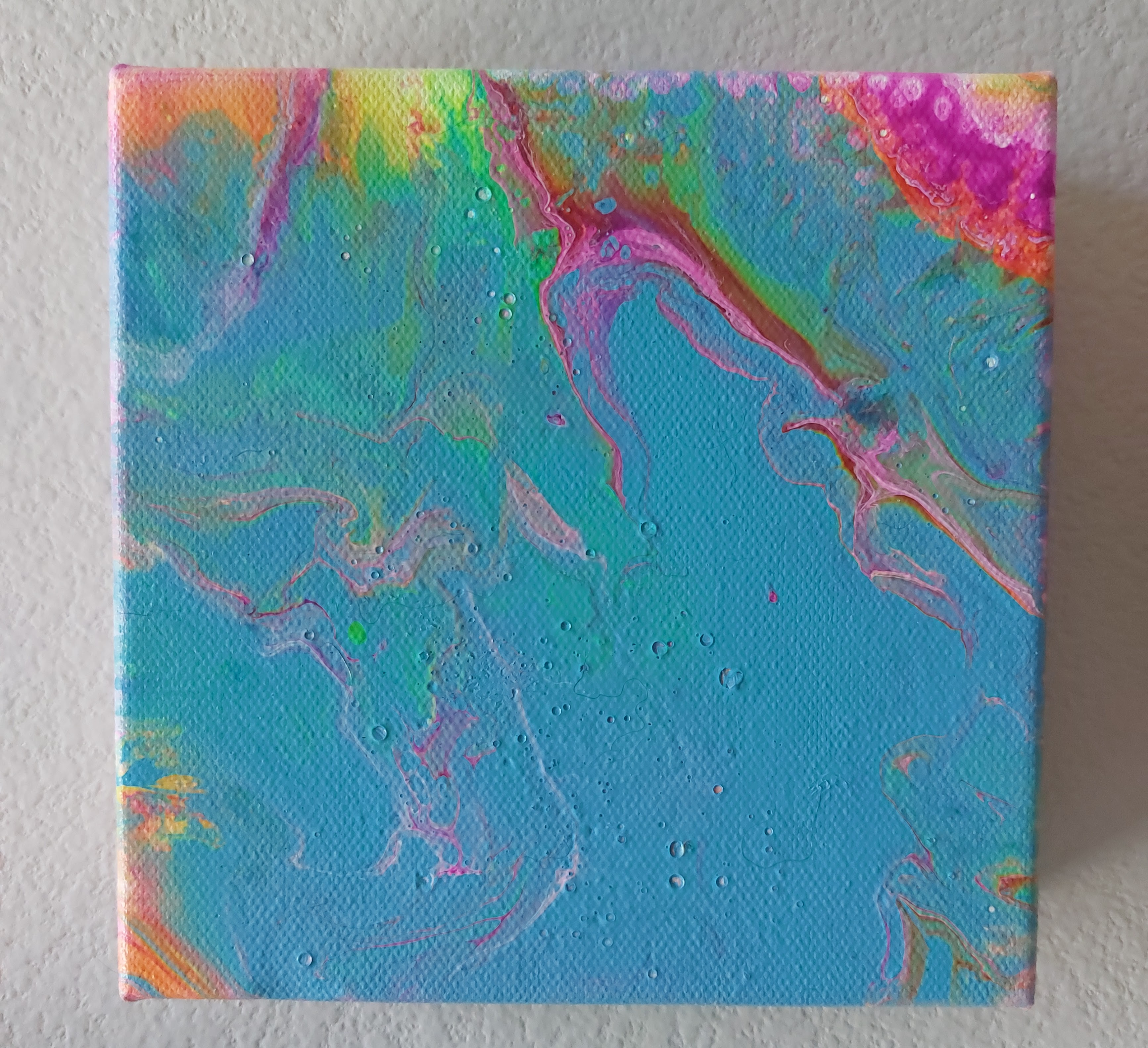 Aqua and Pink Acrylic Abstract Painting on Canvas  6x6 inches 