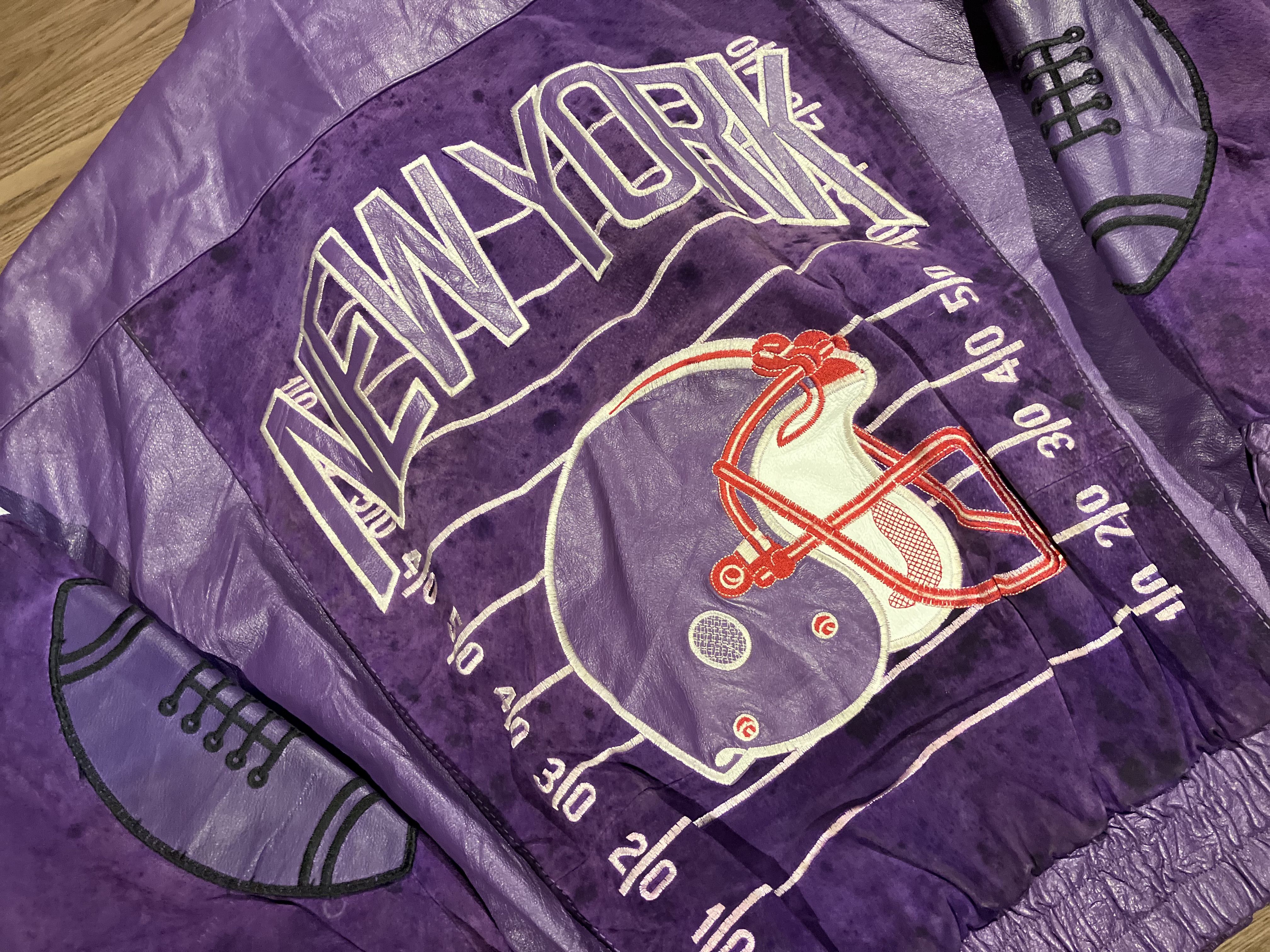 [XL] New York Football Helmet Big Logo Embroidery Leather Jacket