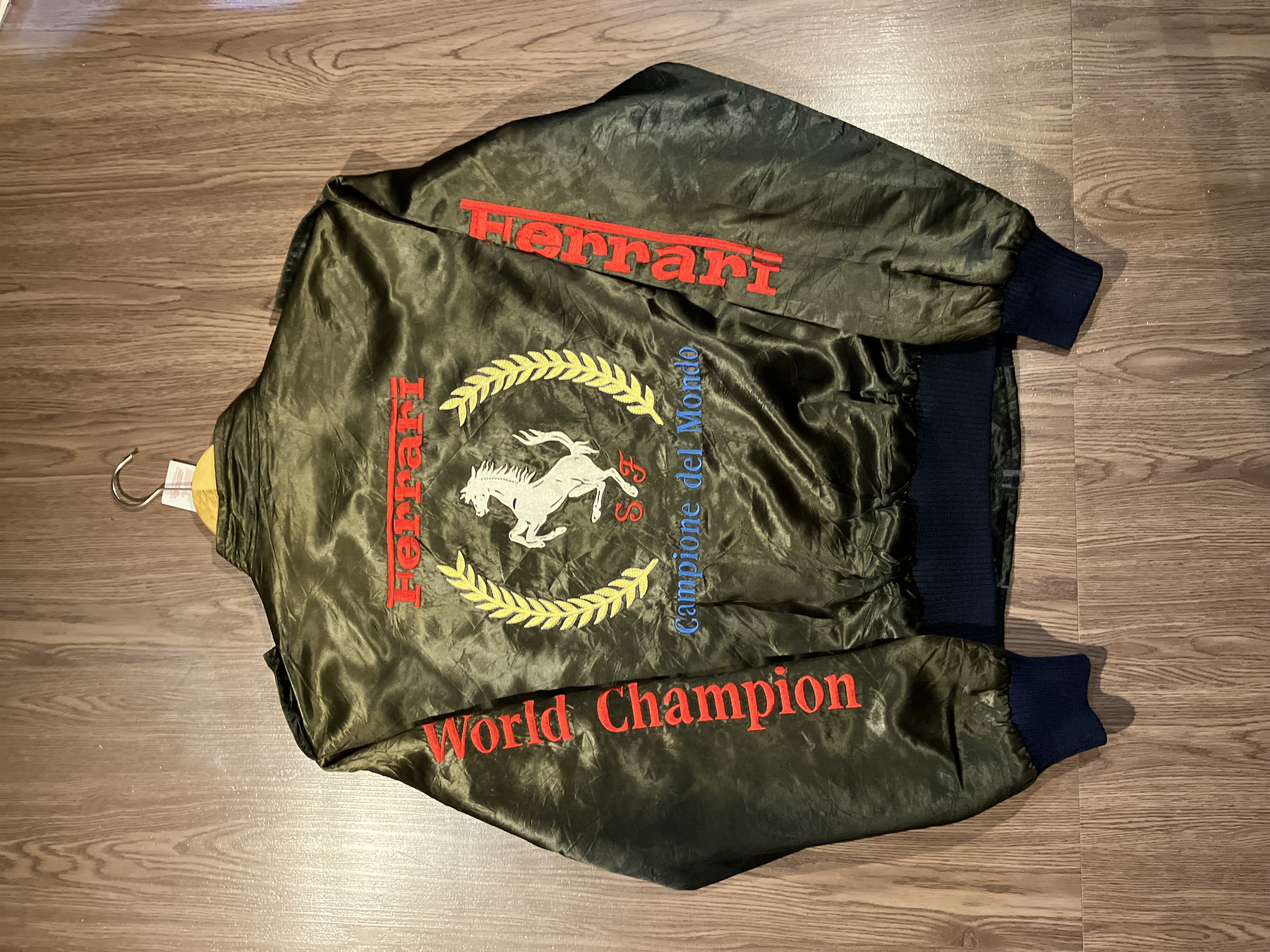 [L] Ferrari World Champion Taped Logo Satin Bomber Jacket by Style Auto