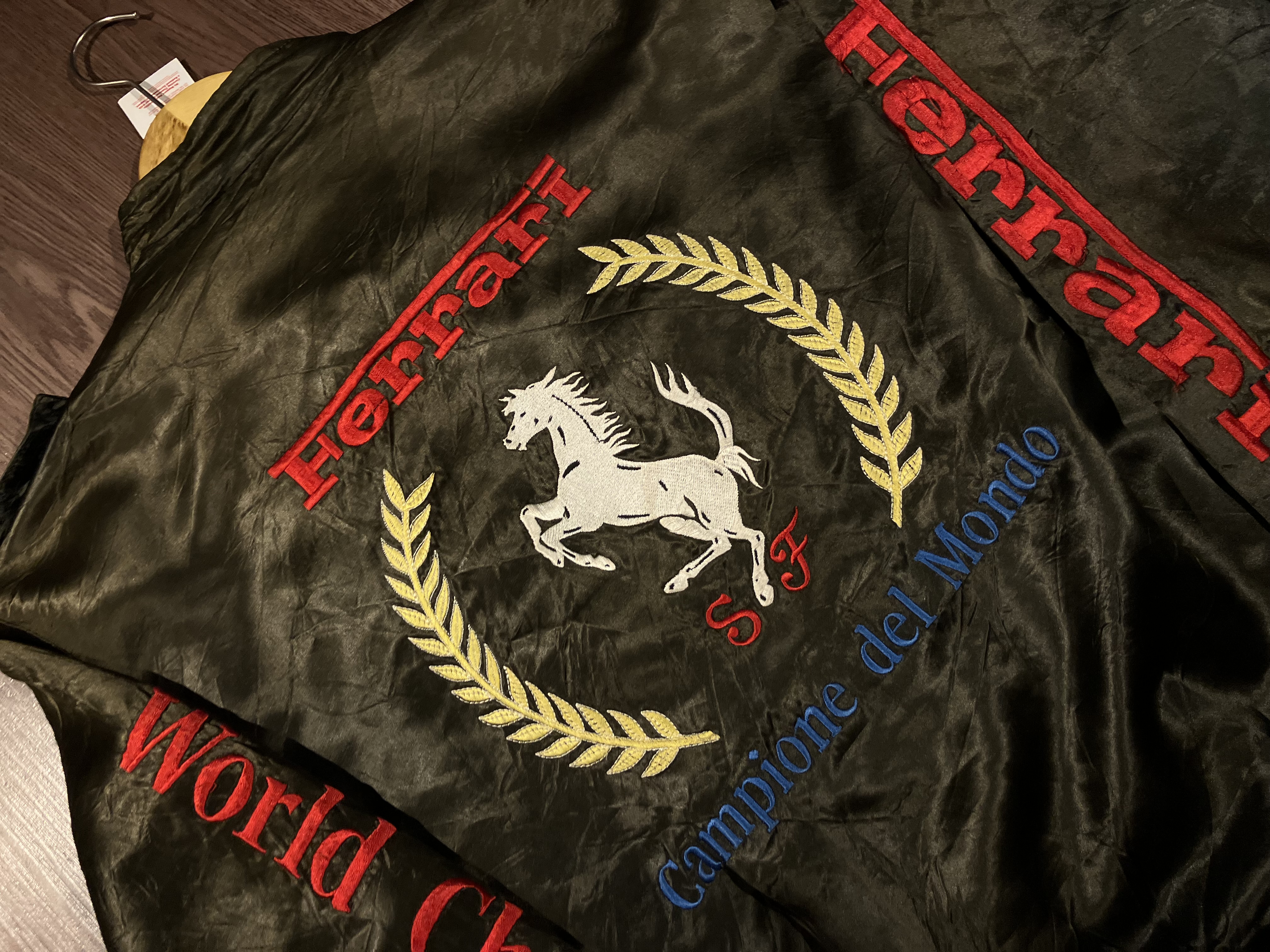 [L] Ferrari World Champion Taped Logo Satin Bomber Jacket by Style Auto