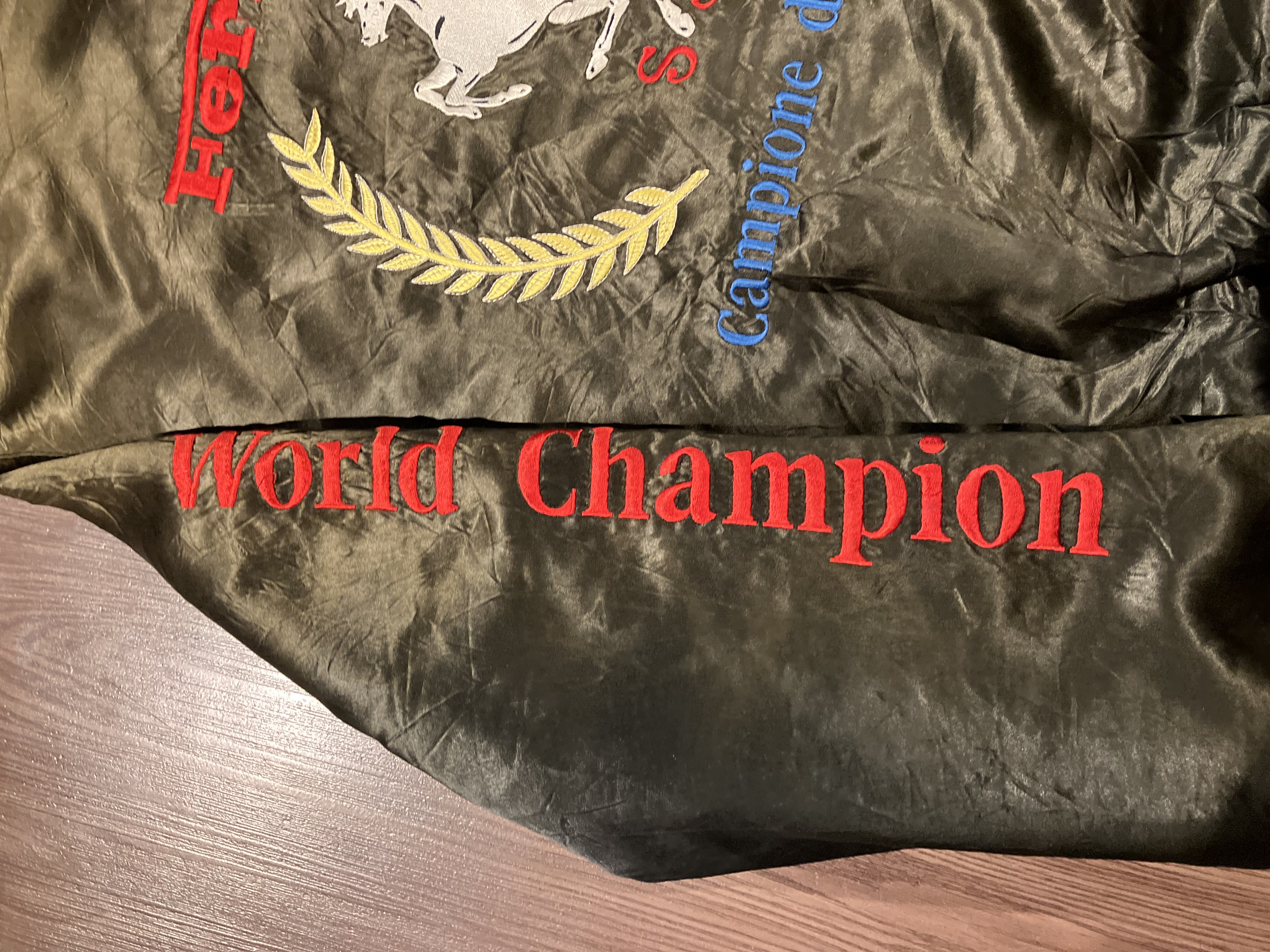 [L] Ferrari World Champion Taped Logo Satin Bomber Jacket by Style Auto