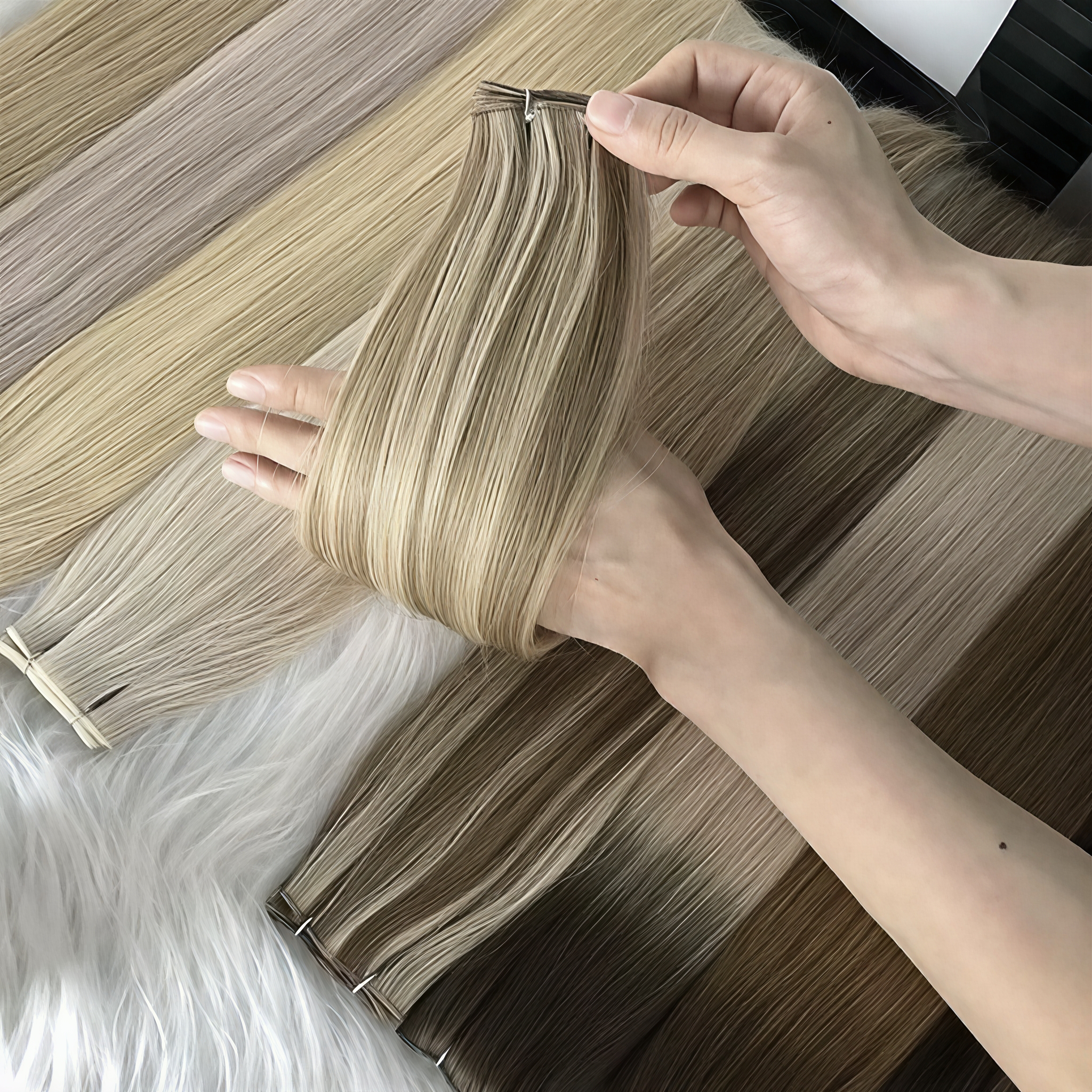 Russian 100% Human Virgin Remy Infinity Weft Double Drawn Hand Tied Genius Weft Hair Extensions Human Russian Hair