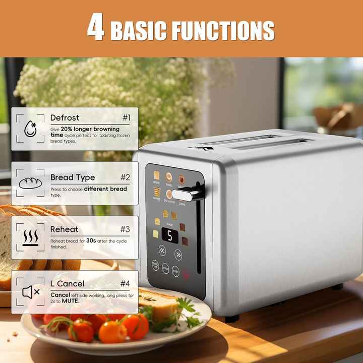 Smart Edelstahl-Toaster mit großem Digitaldisplay und Touch Control für mehrere Funktionen  //  Smart Stainless Steel Toaster with Large Digital Screen and Touch Control Multiple Functions