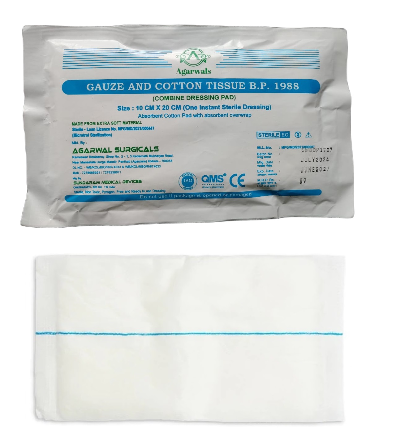 Agarwals Premium Sterile Combine Dressing Surgical Pad 10CM x 20CM