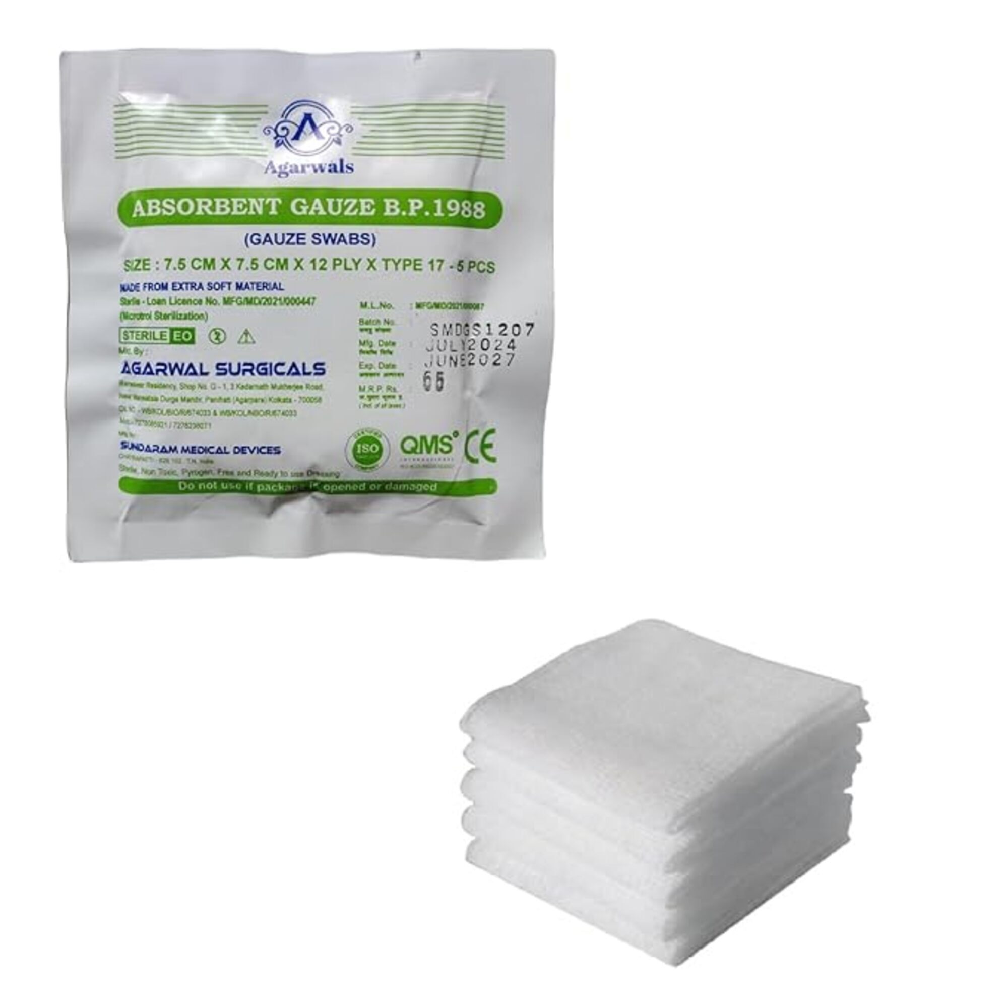 Agarwals Absorbent Gauze Swabs Sterile 7.5 cm X 7.5 cm X 12 ply (5Pcs/Pack)