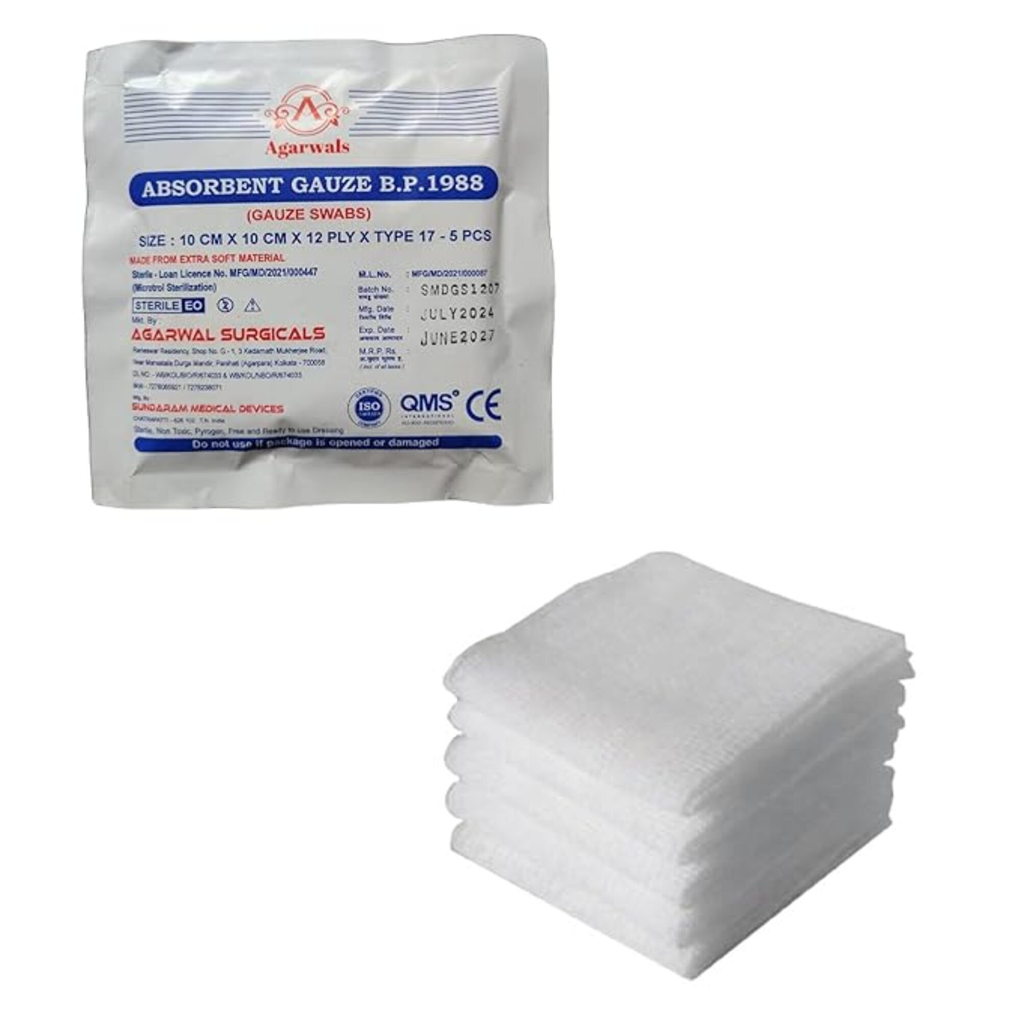 Agarwals Absorbent Gauze Swabs Sterile 10 cm X 10 cm X 12 ply (5Pcs/Pack) 