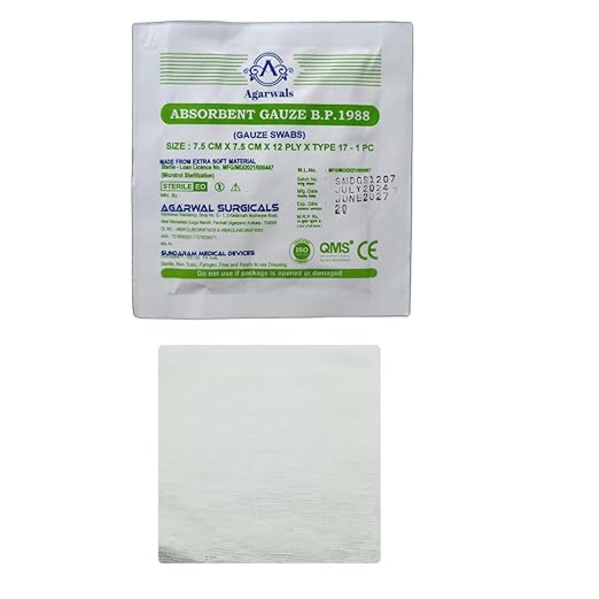 Agarwals Absorbent Gauze Swabs Sterile 7.5 cm X 7.5 cm X 12 ply (Single Pack) 