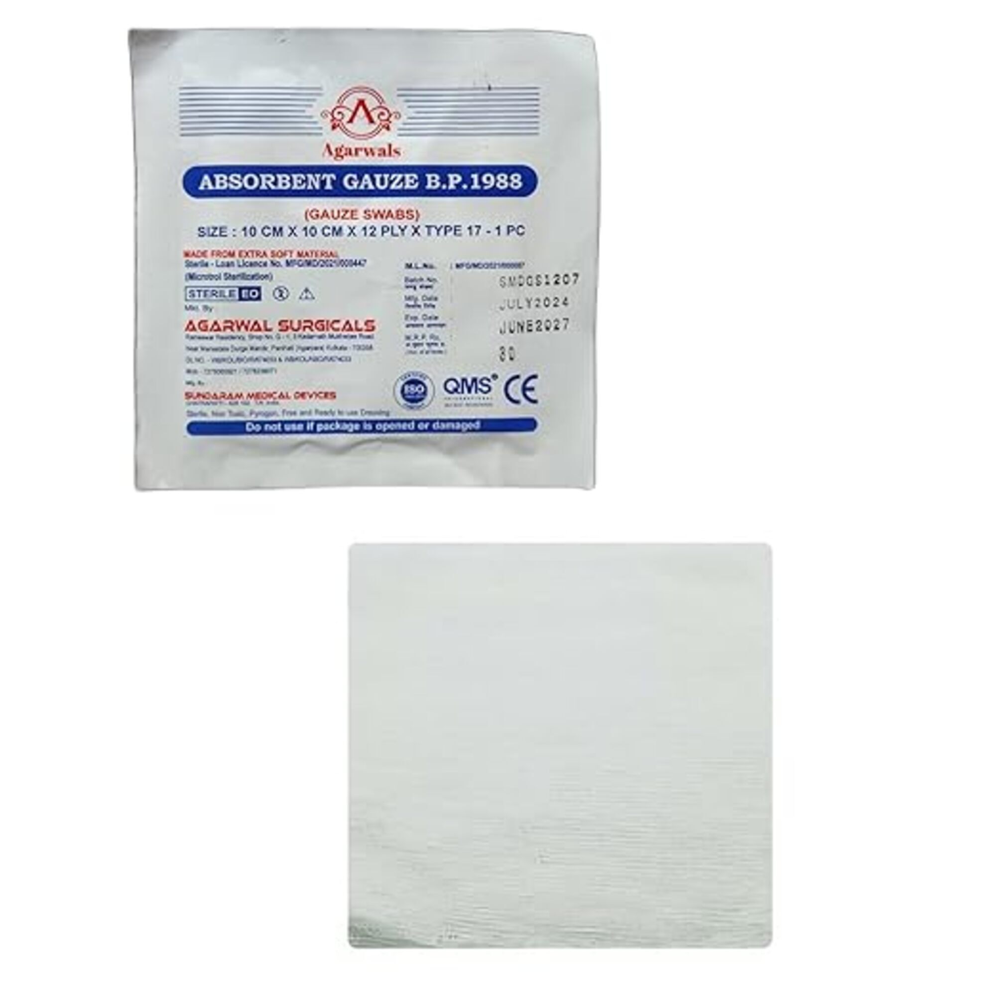 Agarwals Absorbent Gauze Swabs Sterile 10 cm X 10 cm X 12 ply (Single Pack) 