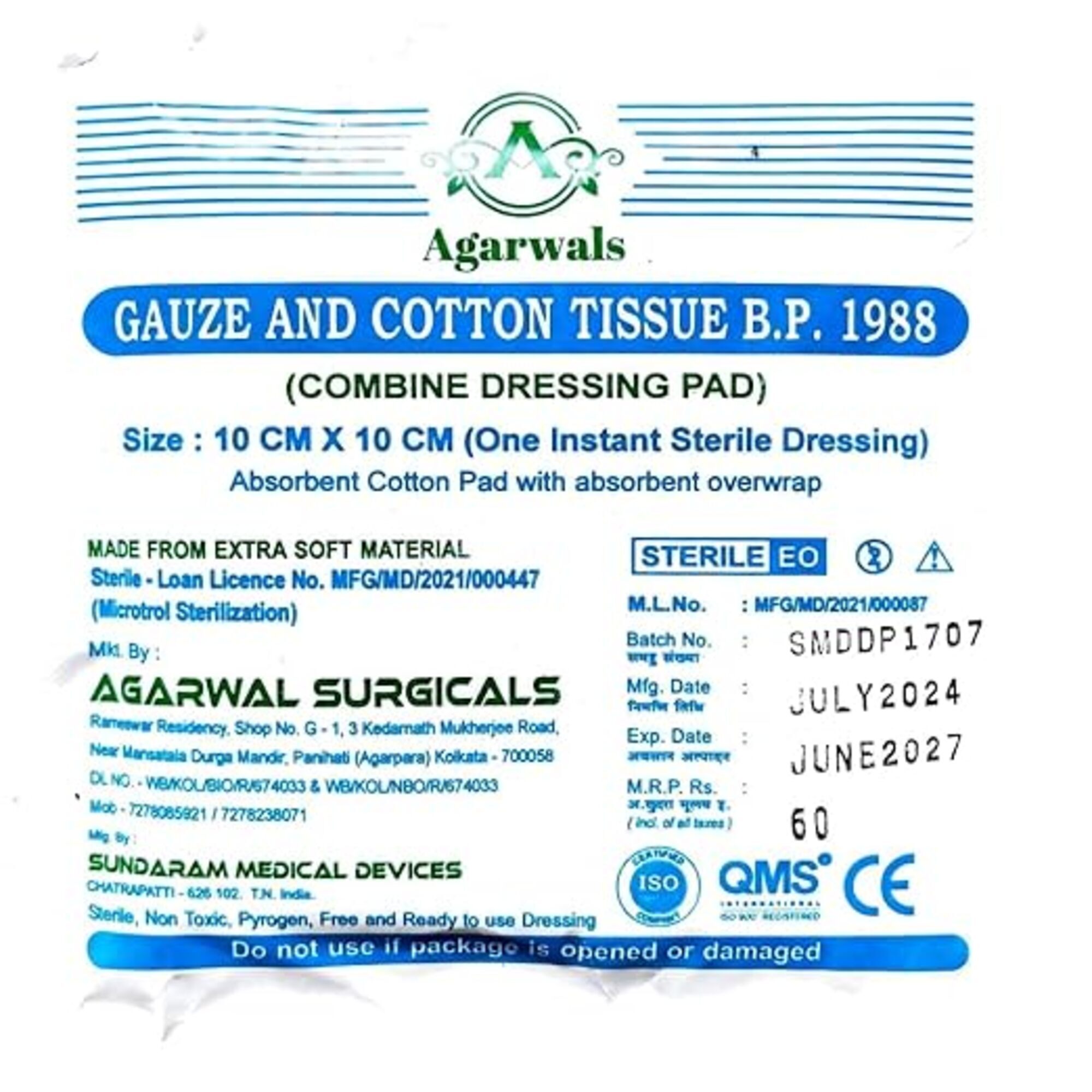 Agarwals Premium Sterile Combine Dressing Surgical Pad 10CM x 10CM 
