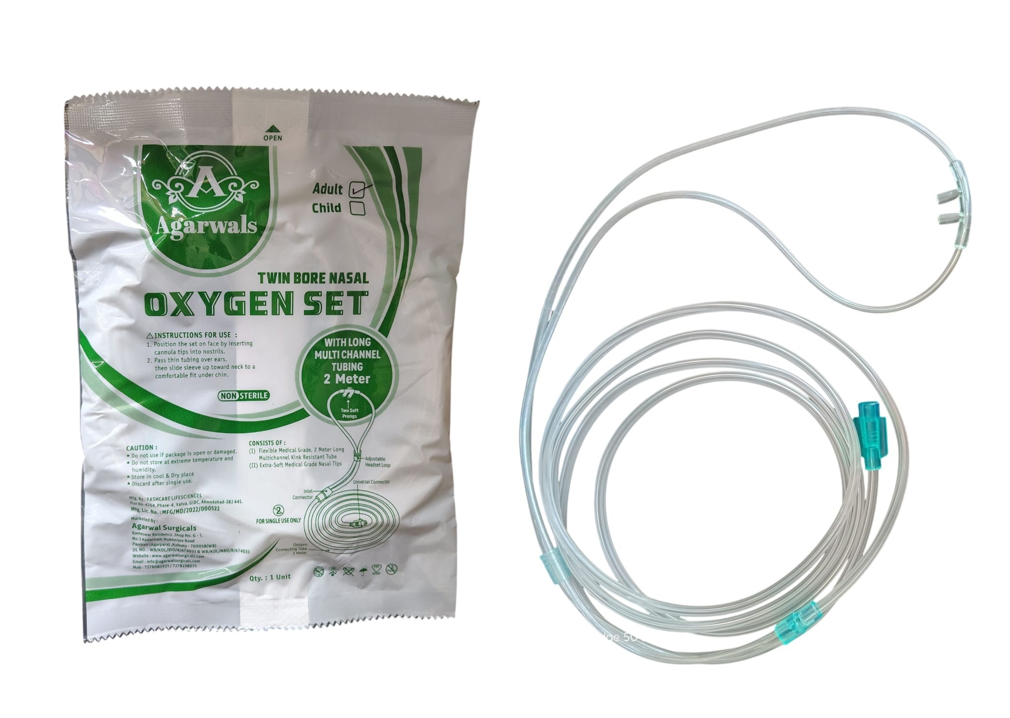 Agarwals Oxygen Nasal Cannula Oxy Set Adult with 2 metres long tube