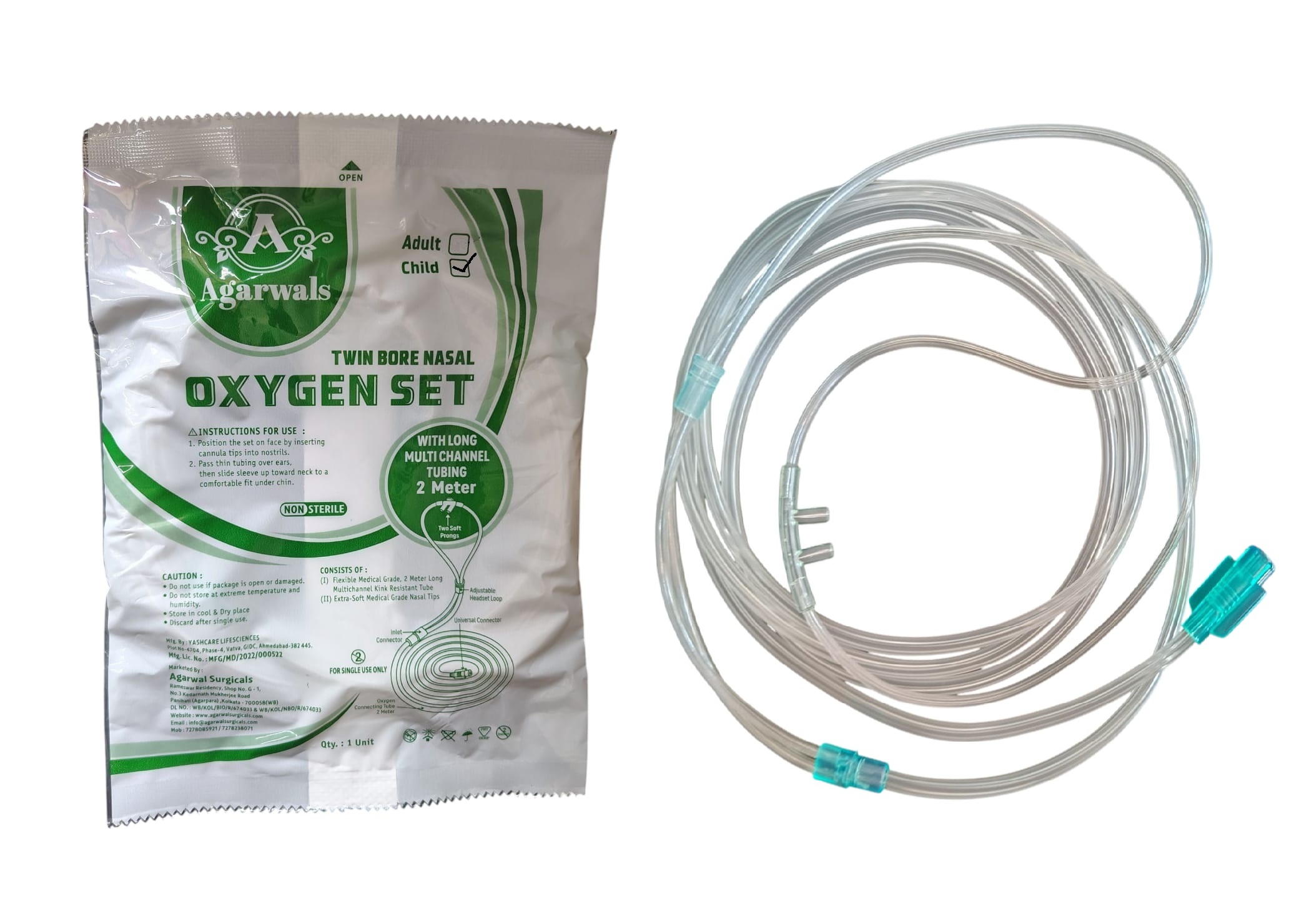 Agarwals Oxygen Nasal Cannula Oxy Set Child with 2 metres long tube 
