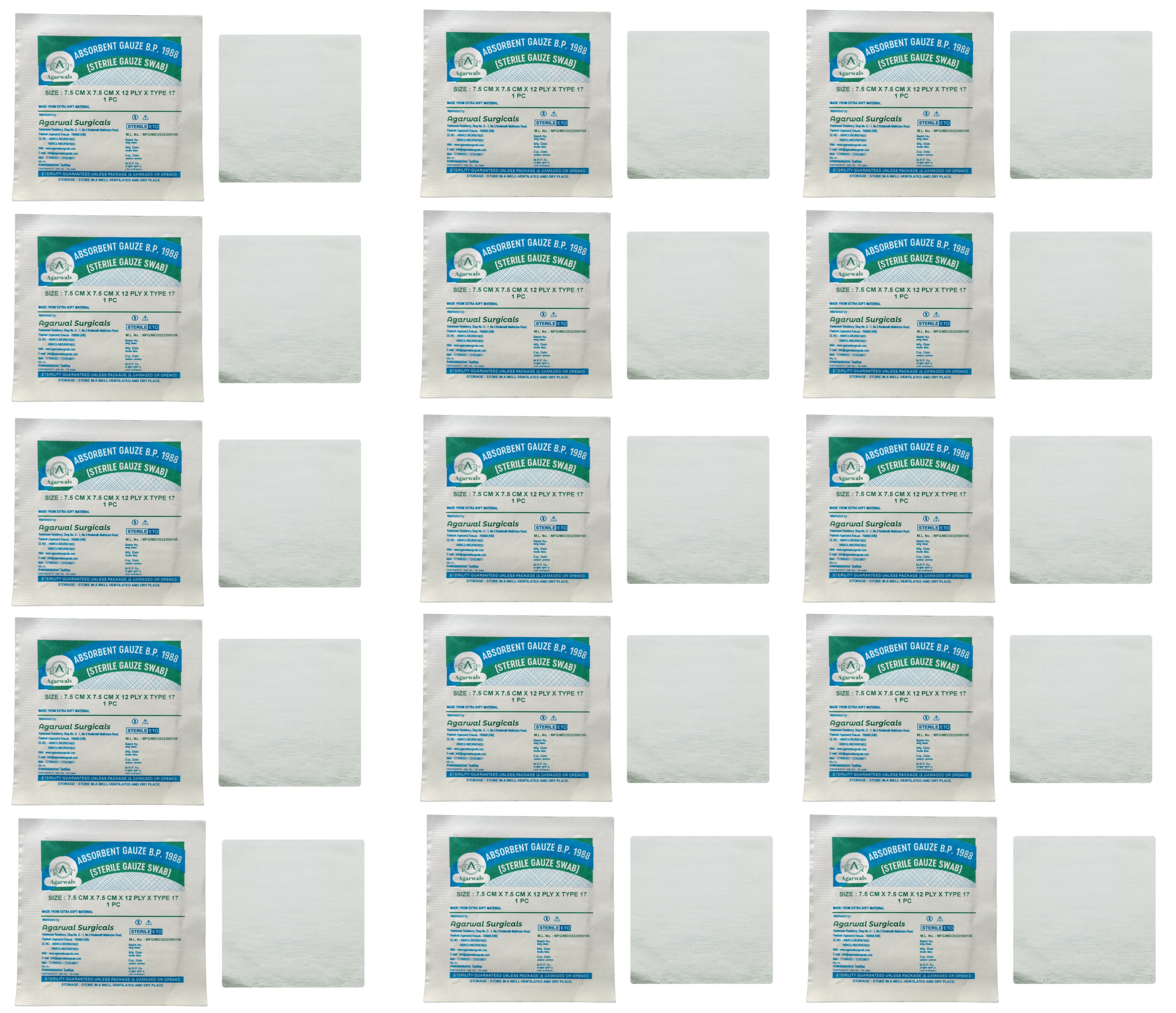 Agarwals Absorbent B.P.1988 Type17 Gauze Swabs Sterile 7.5 cm X 7.5 cm X 12 ply (Single Pack)