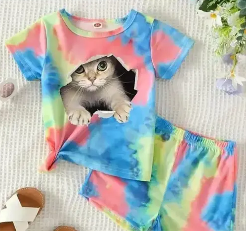 Kids' Tie-Dye Cat Print Pajama Set