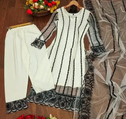 "Gunvanti Fab Women's Ganderi Net Embroidered Salwar Suit Set – Chain Work & Ready to Wear