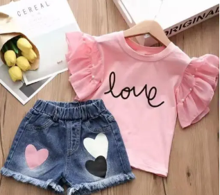 Girls' Pink T-Shirt and Denim Shorts Set