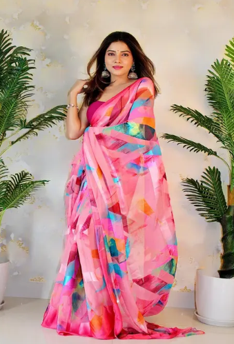 GHAN SALS FANCY SATTIN PATTA SAREE WITH UNSTITCHED BLOUSE