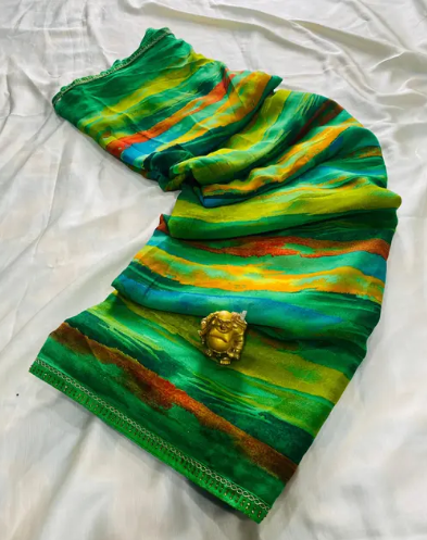 Vibrant Green Multicolor Print Saree with Artistic Patterns
