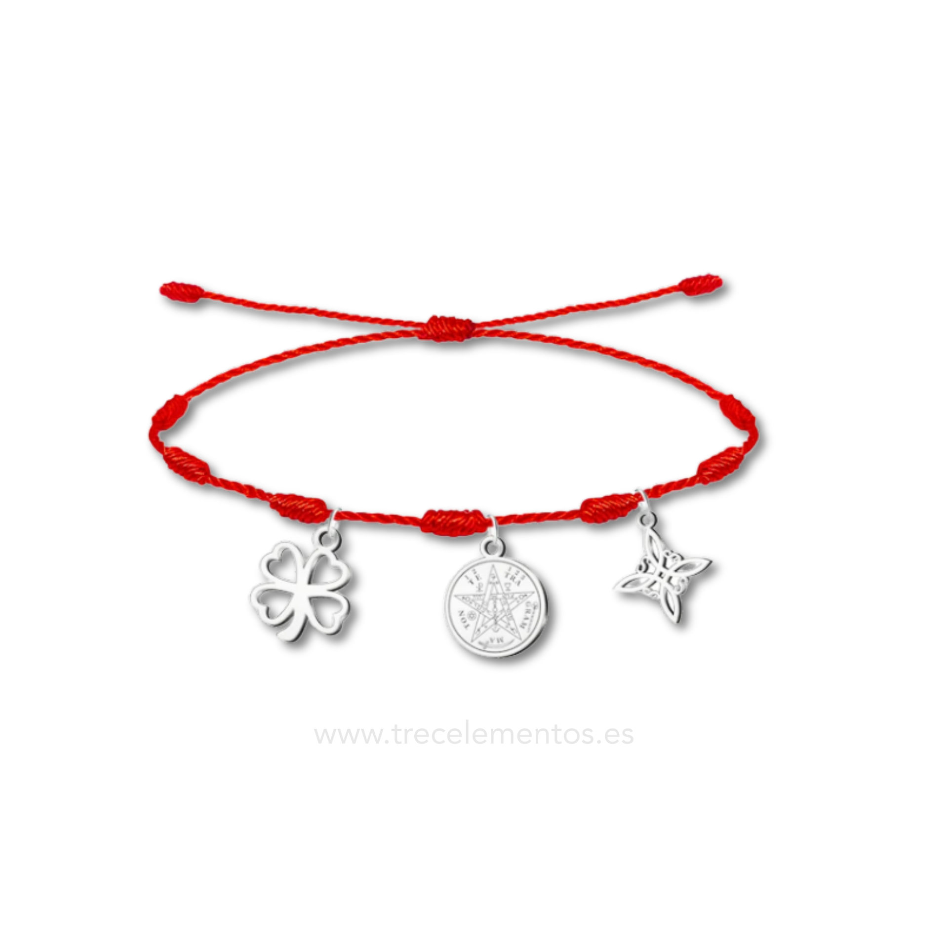 Pulsera Ajustable Roja Suerte y Protección – 7 Nudos, Trébol de 4 Hojas, Tetragrammatón y Nudo de Bruja