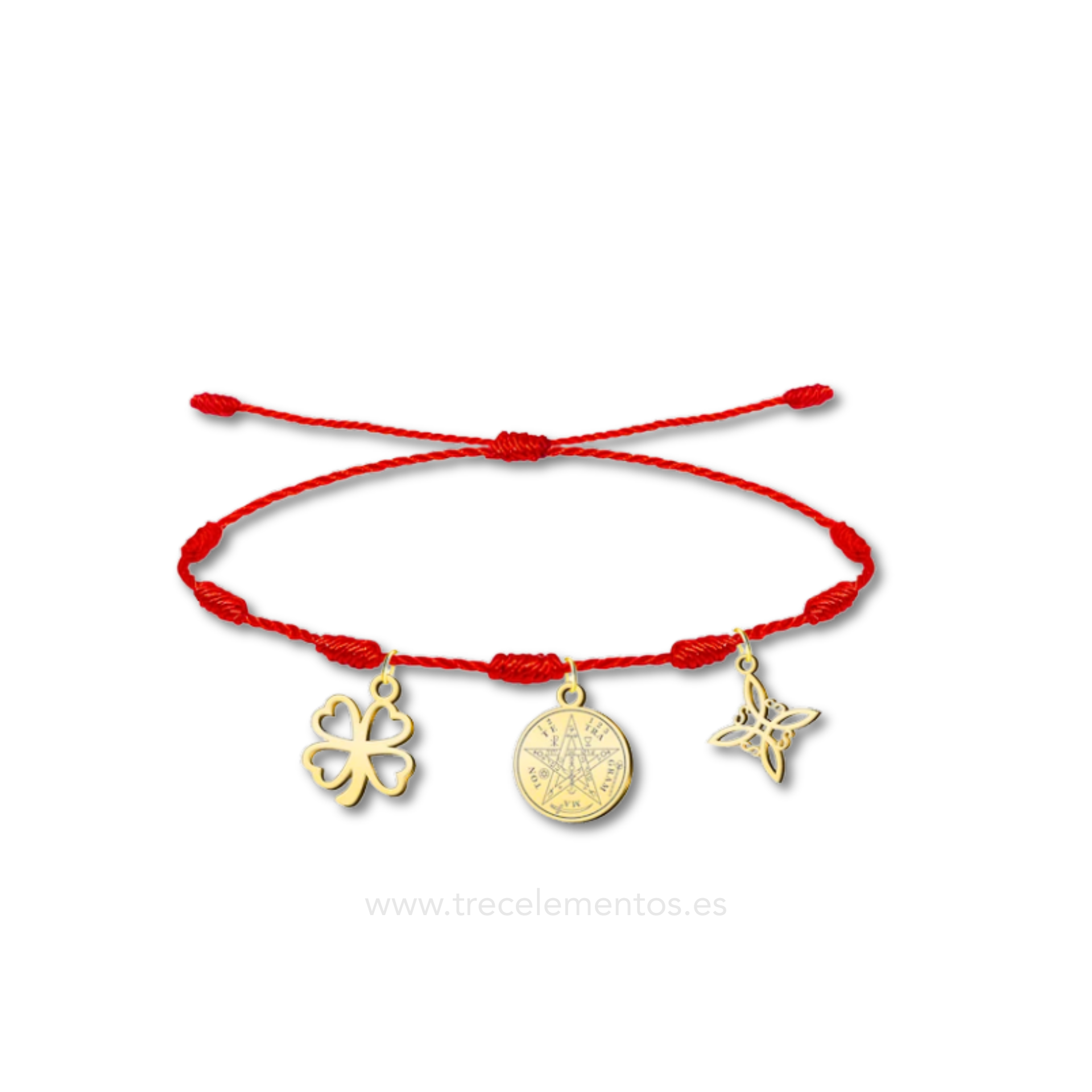 Pulsera Ajustable Roja Suerte y Protección – 7 Nudos, Trébol de 4 Hojas, Tetragrammatón y Nudo de Bruja