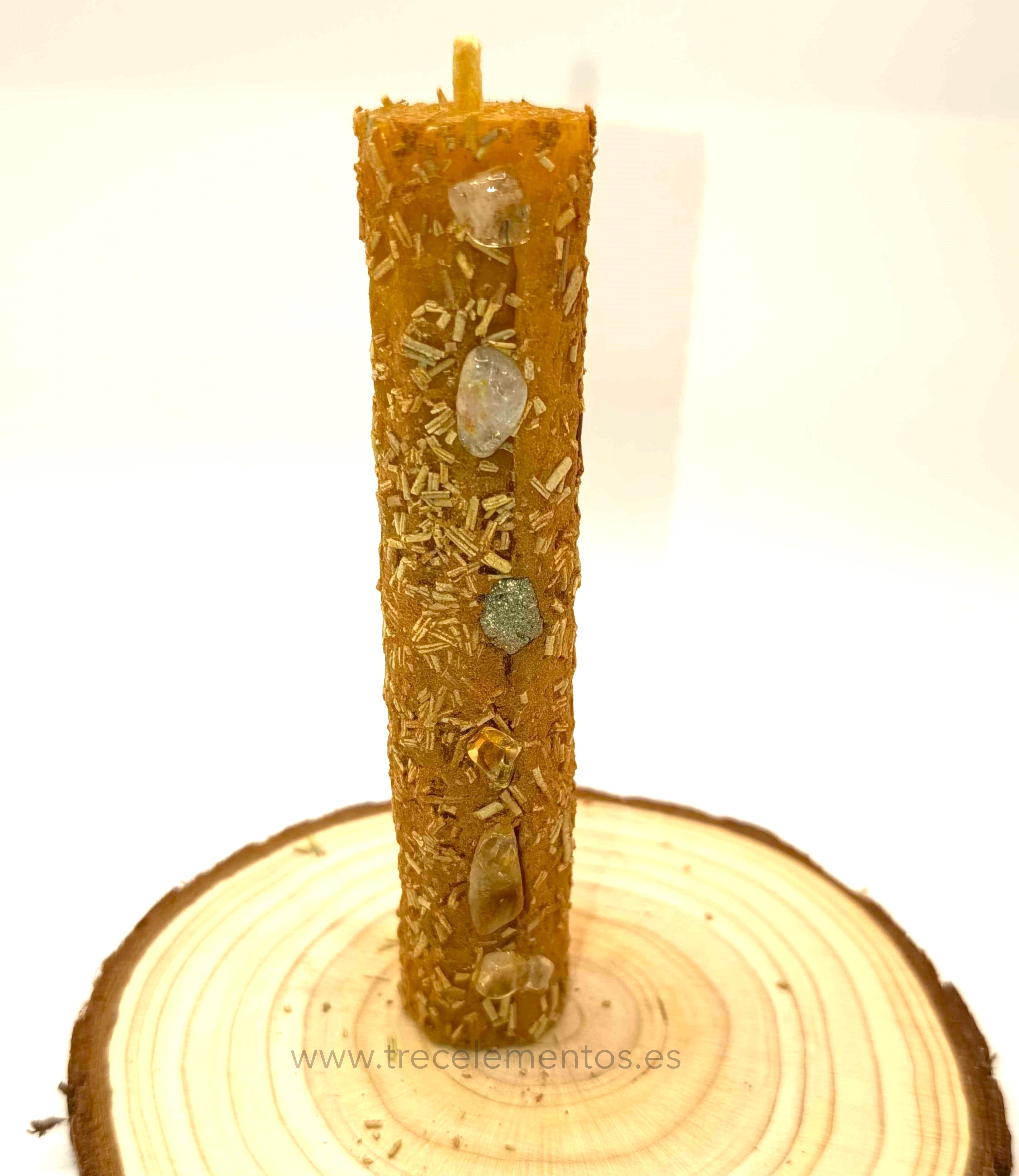 Vela Ritual de Prosperidad y Abundancia consciente - Cera de abeja · Canela · Romero · Pirita · Citrino