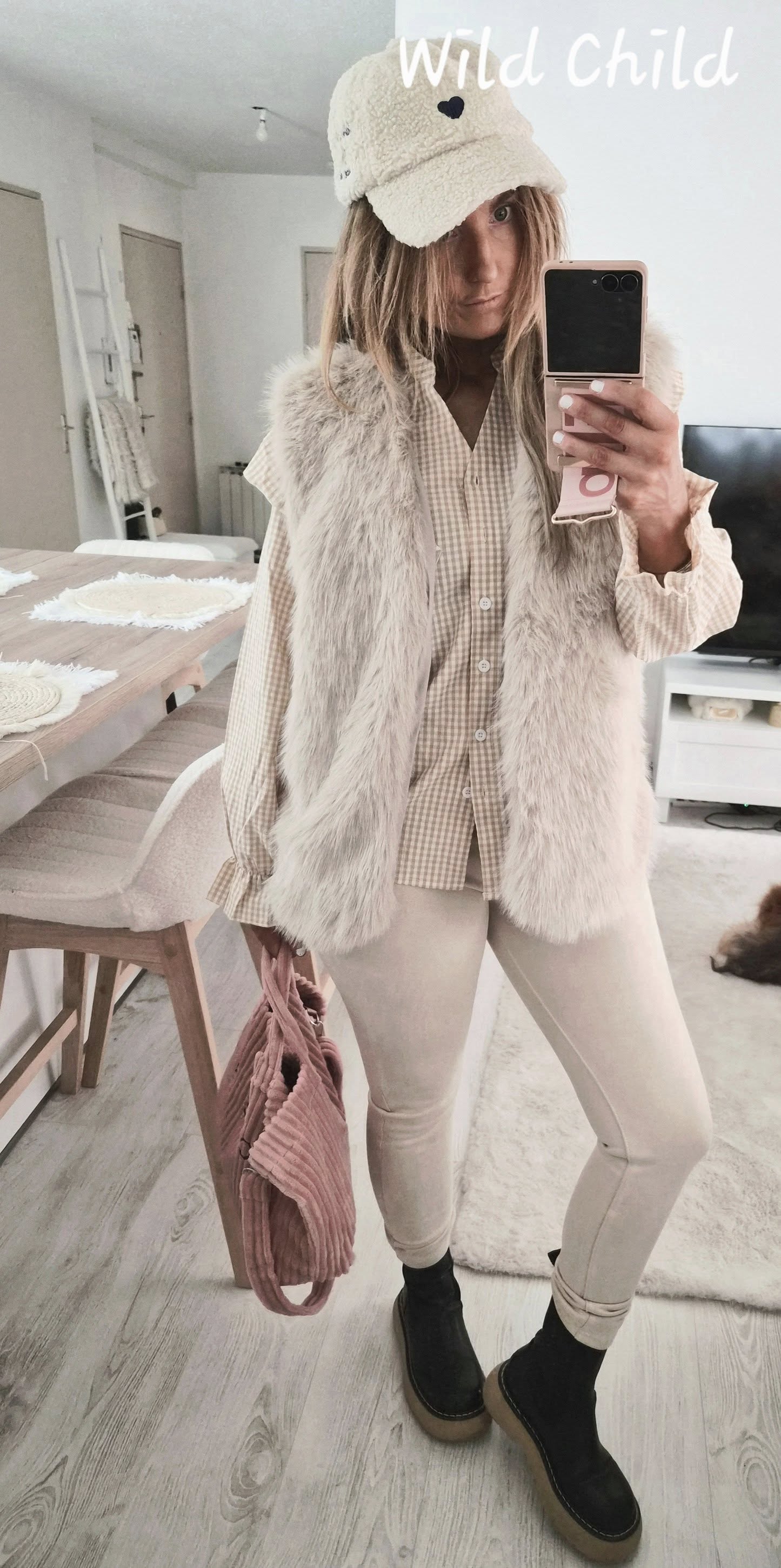 Veste sans manches en fausse fourrure beige