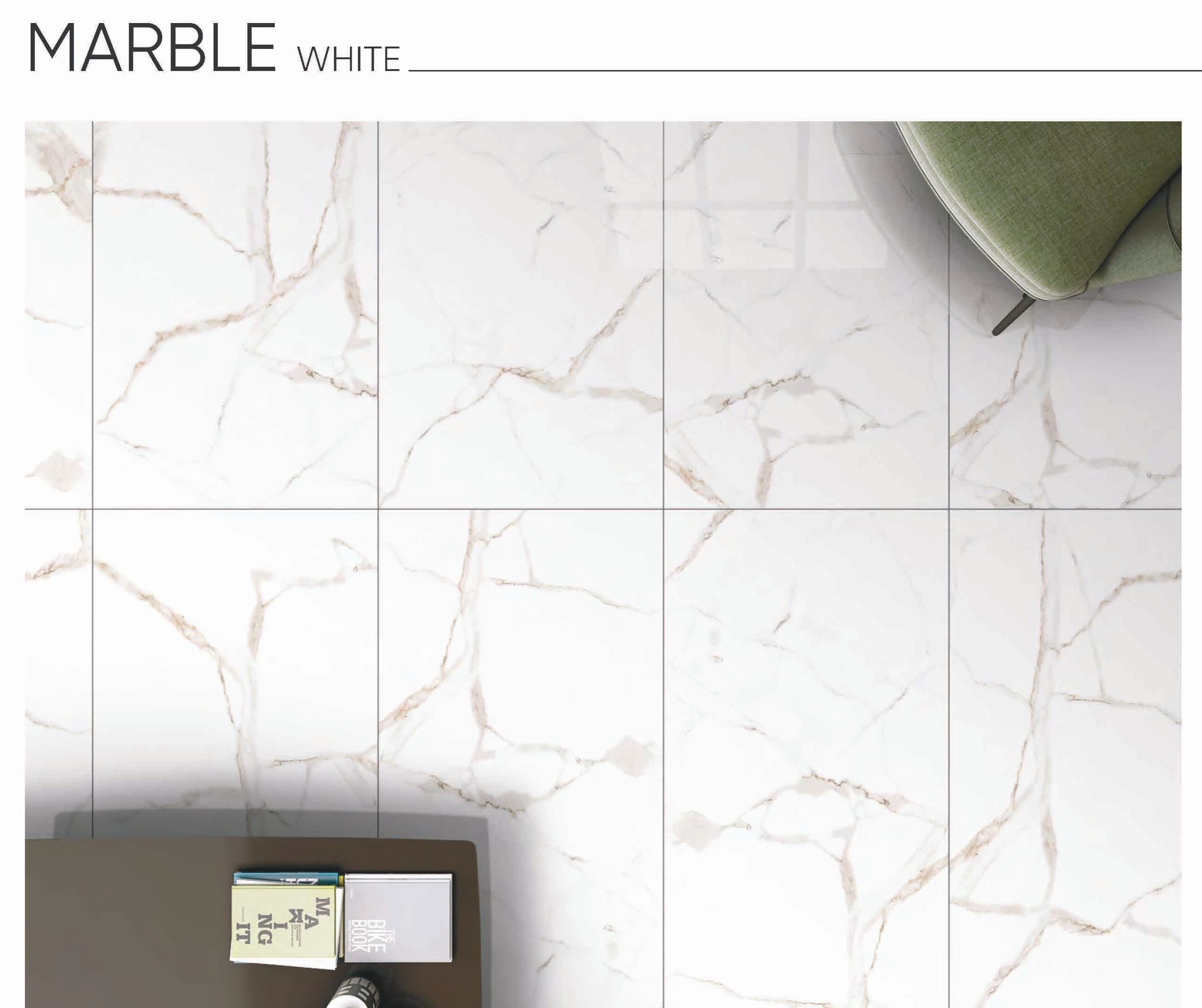 Marble White 24x48 Porcelain Tile – Elegant White Stone Look with Light Beige Veining, Glossy Finish