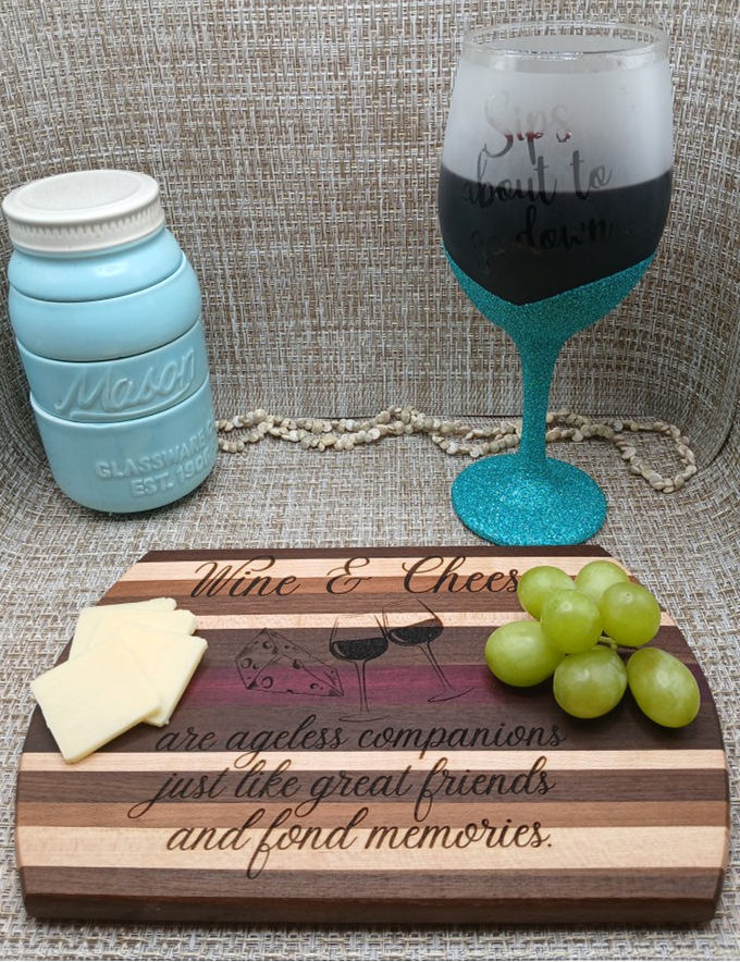 Wine and Cheese Laser-Engraved Cutting Board with Stand