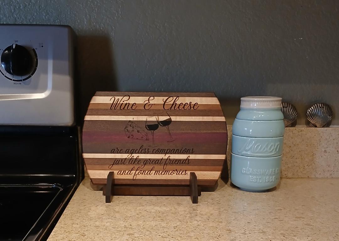 Wine and Cheese Laser-Engraved Cutting Board with Stand
