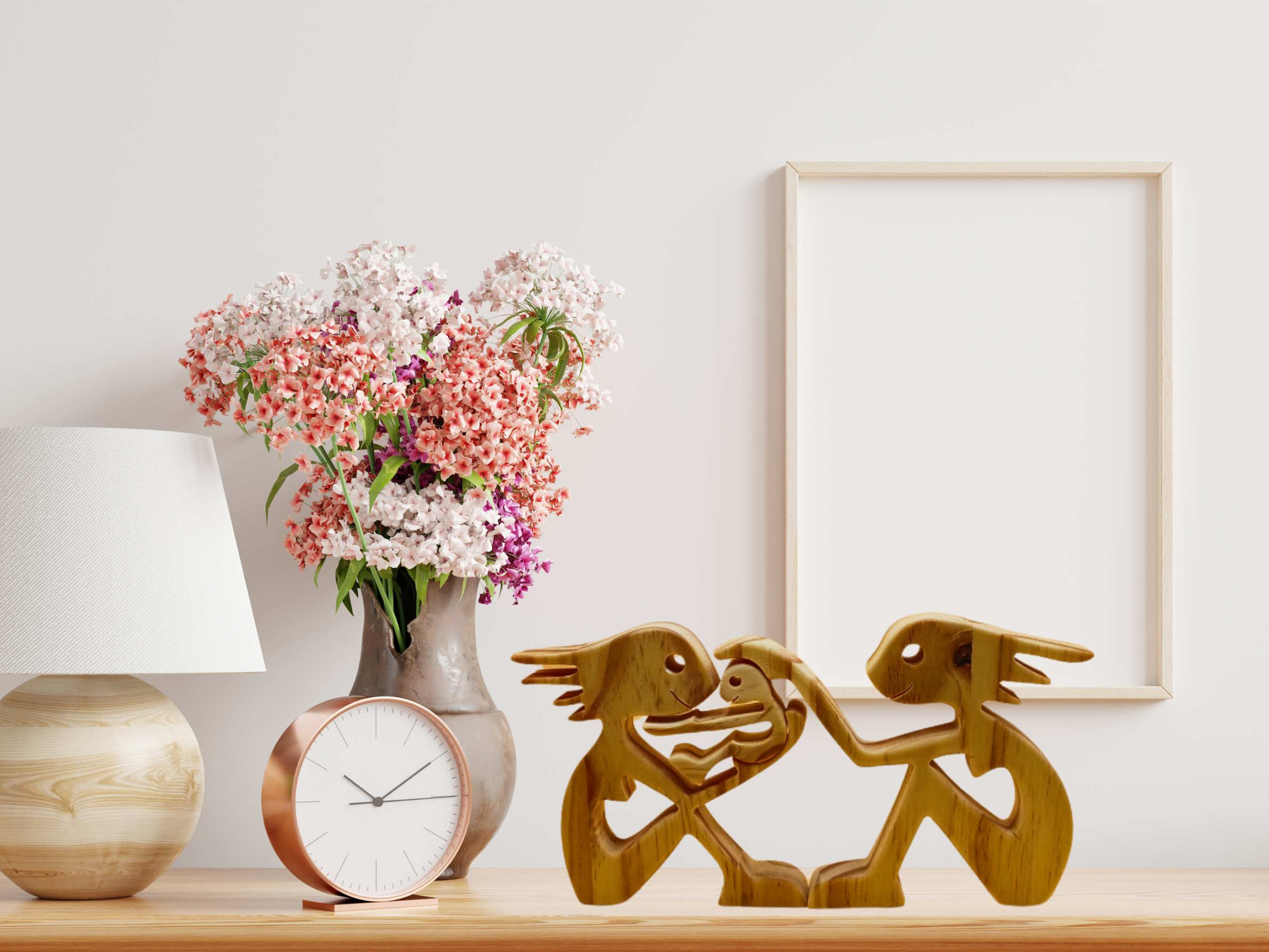 Handcrafted Wooden Female Couple with Baby