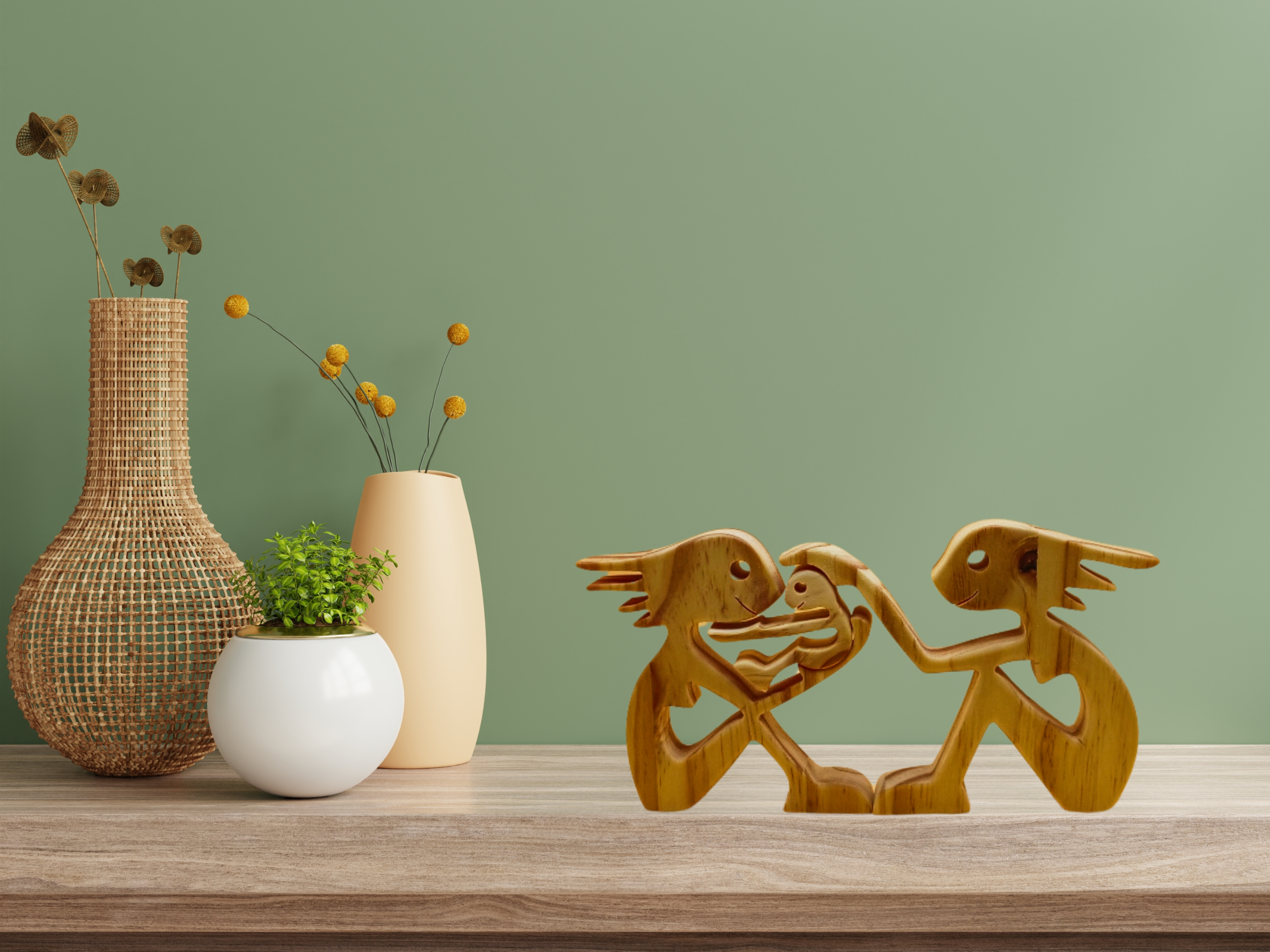 Handcrafted Wooden Female Couple with Baby