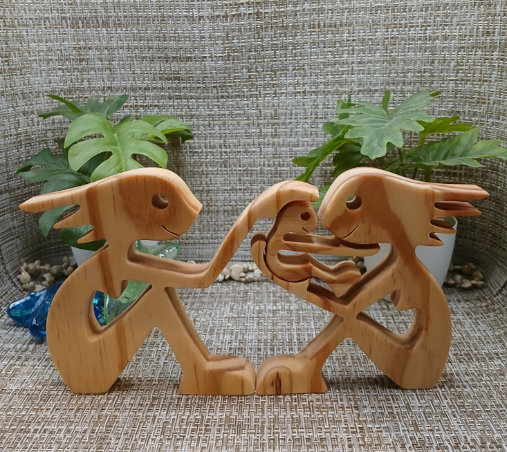 Handcrafted Wooden Female Couple with Baby