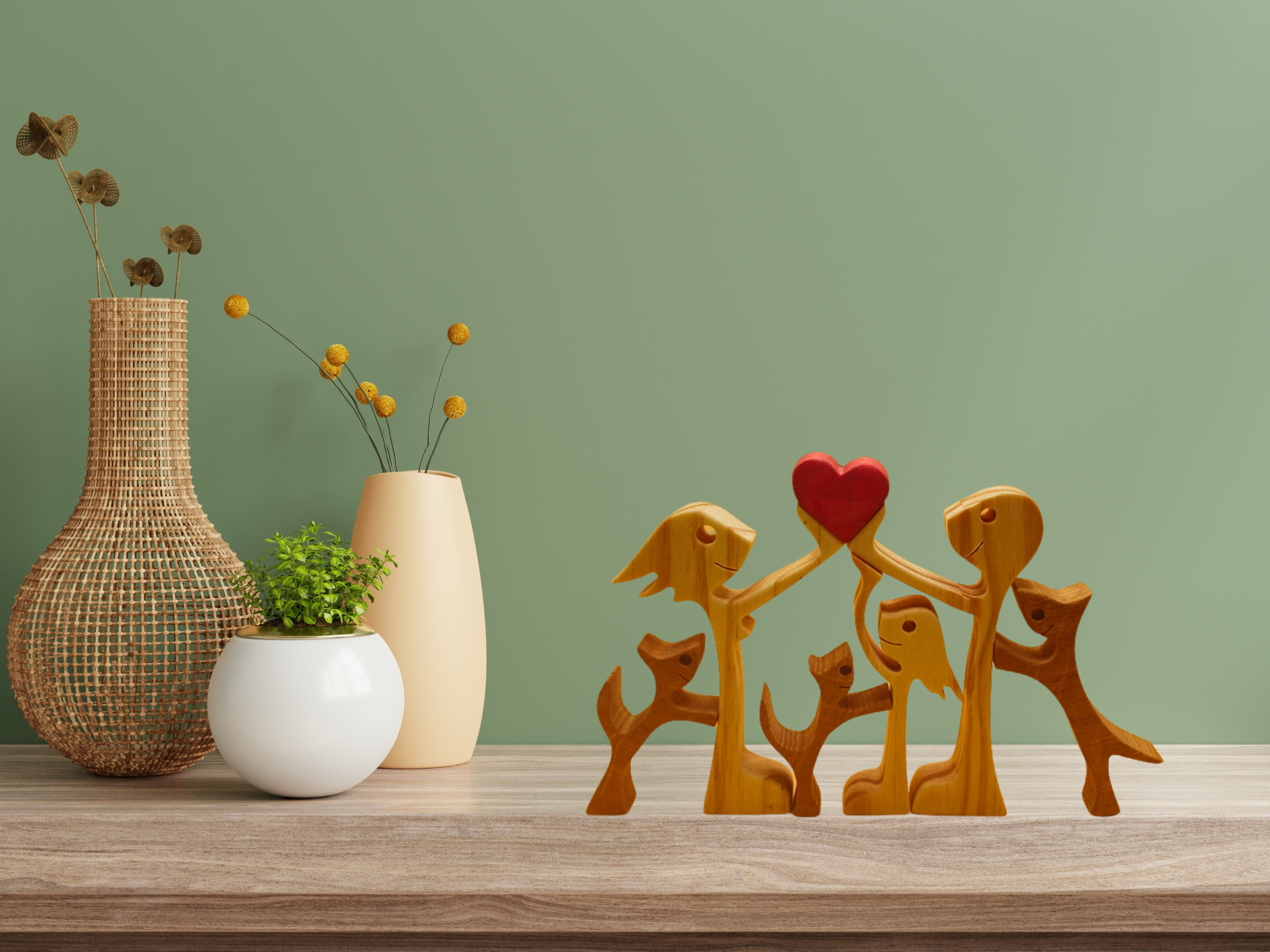 Handcrafted Family with Pet Wooden Figurine