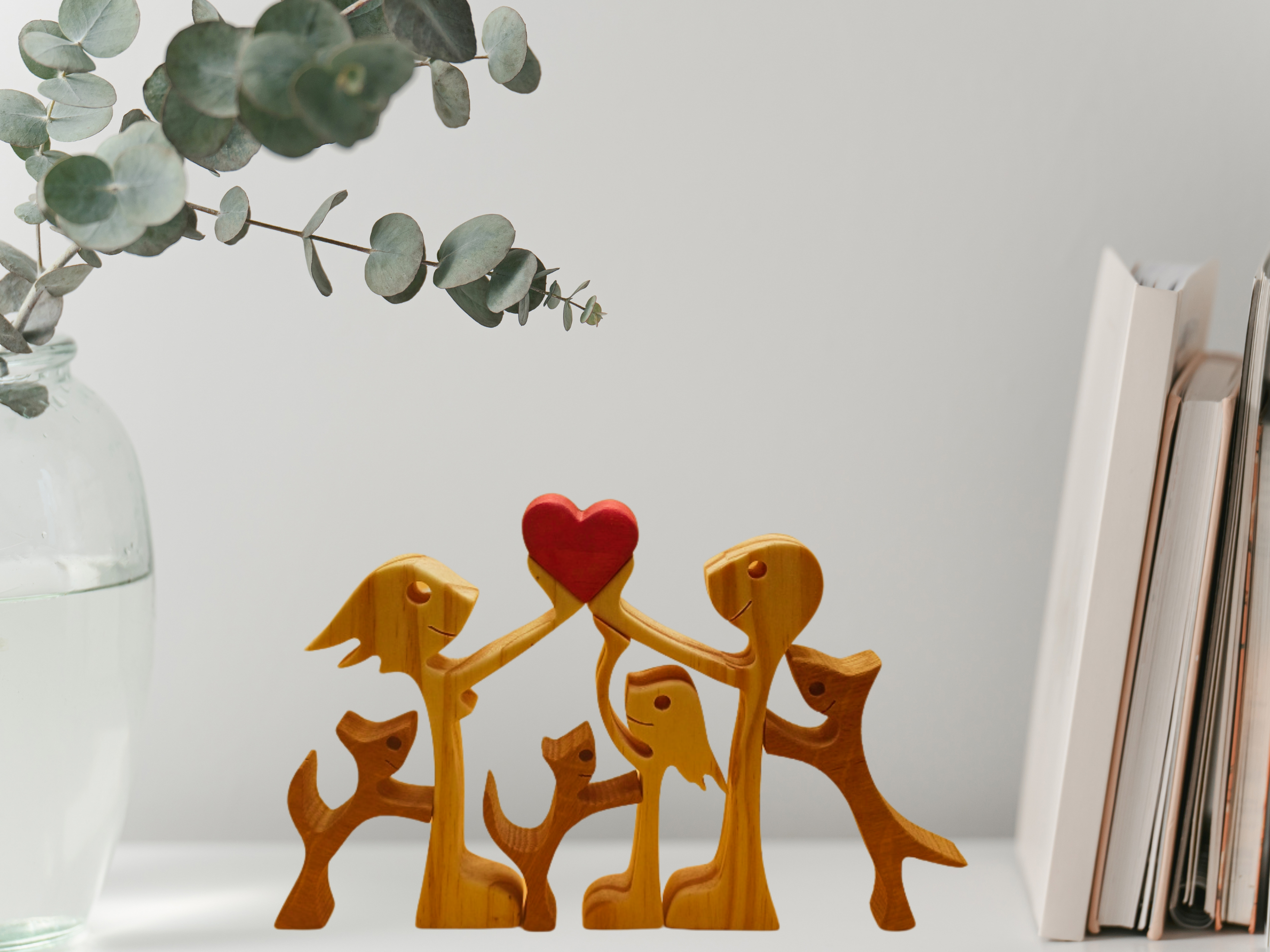 Handcrafted Family with Pet Wooden Figurine