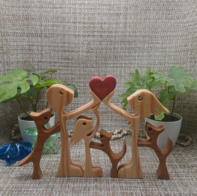 Handcrafted Family with Pet Wooden Figurine