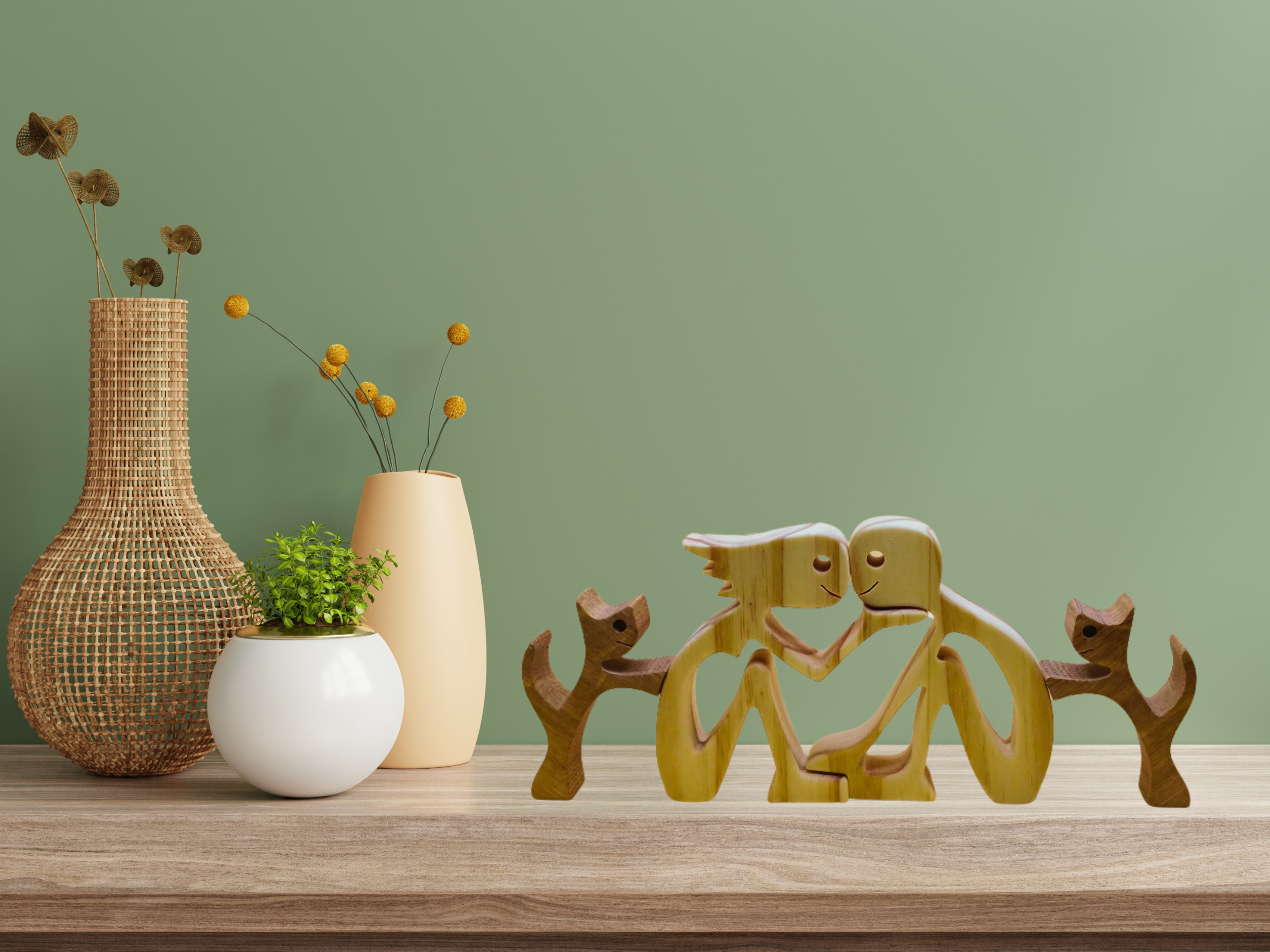 Handcrafted Couple with Pets Wood Figurine