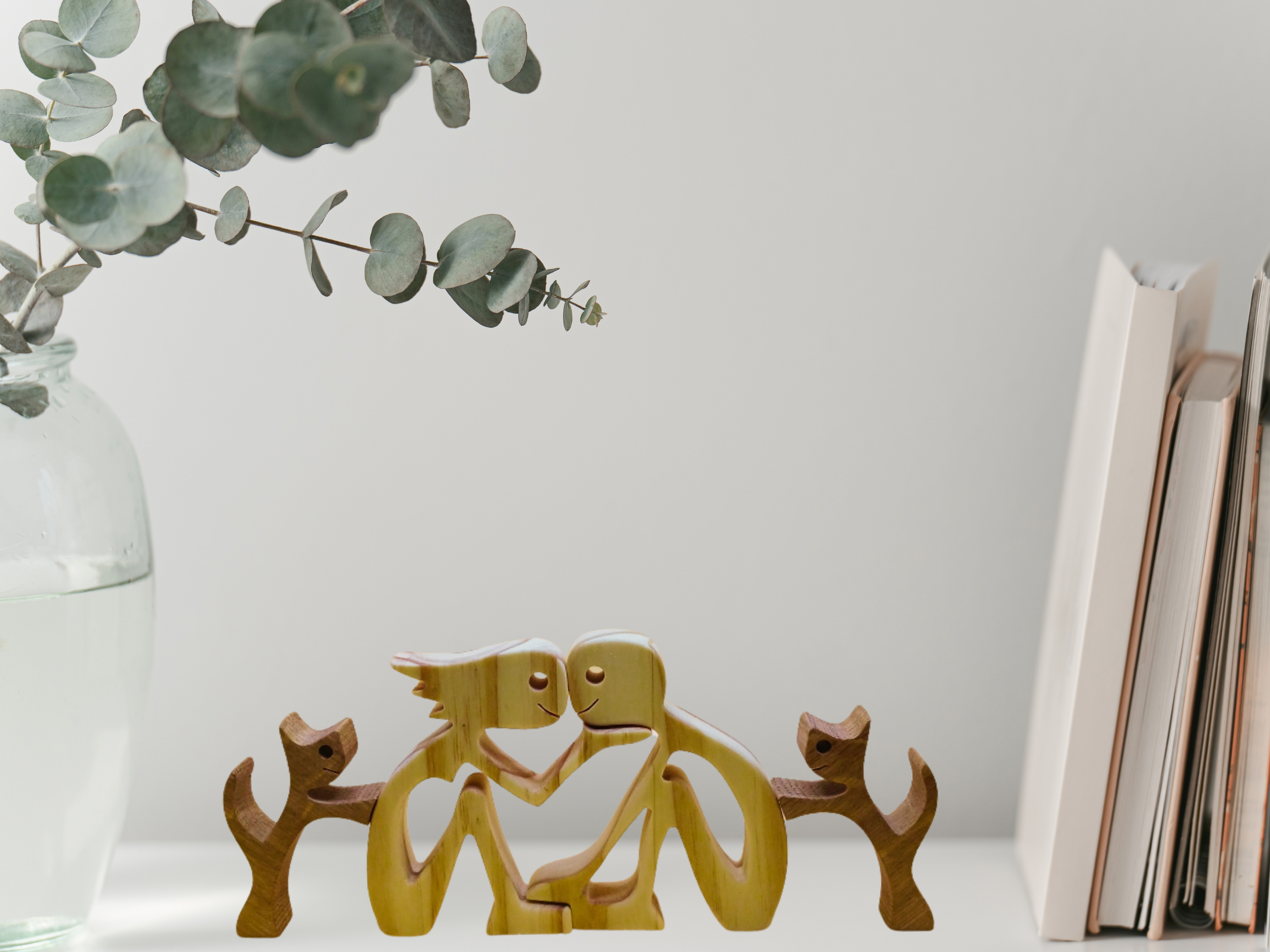 Handcrafted Couple with Pets Wood Figurine